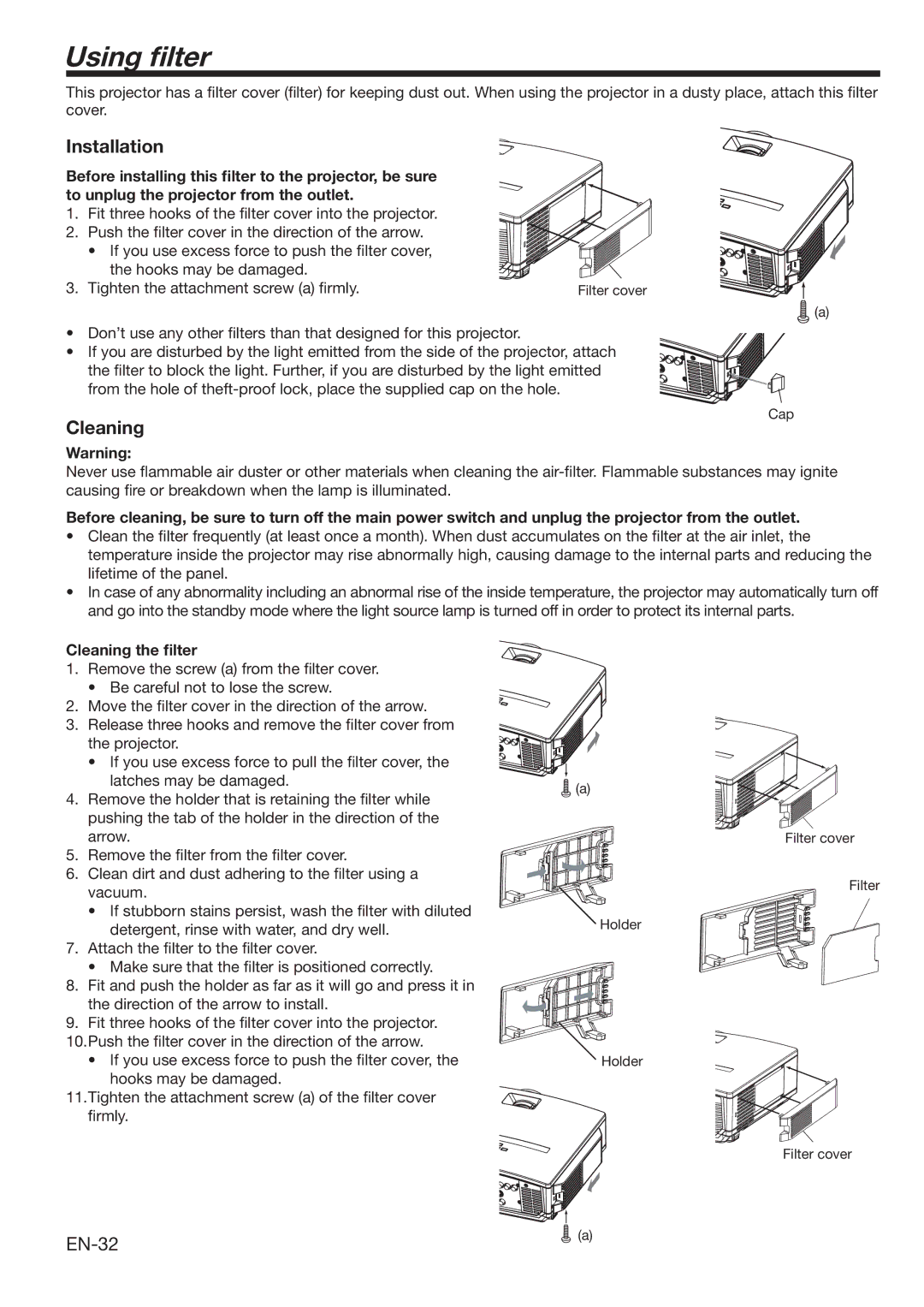 Mitsubishi Electronics HC3100 user manual Using ﬁlter, Installation, EN-32, Cleaning the ﬁlter 