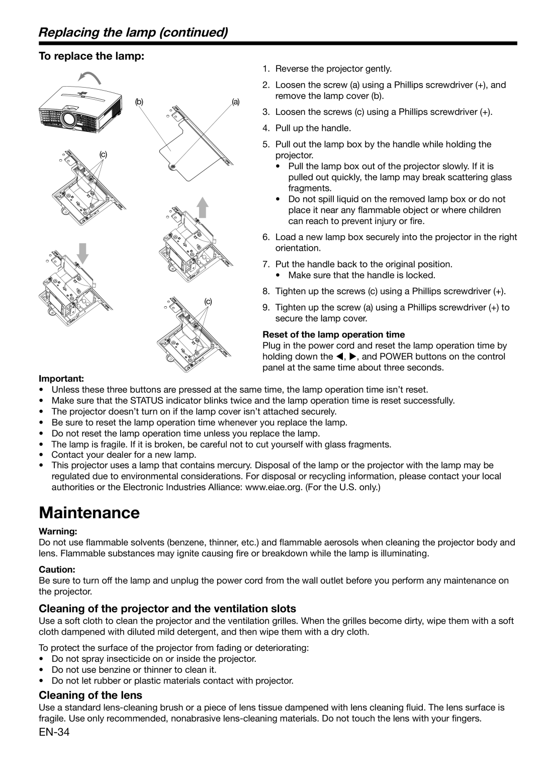 Mitsubishi Electronics HC3100 Replacing the lamp, To replace the lamp, Cleaning of the projector and the ventilation slots 