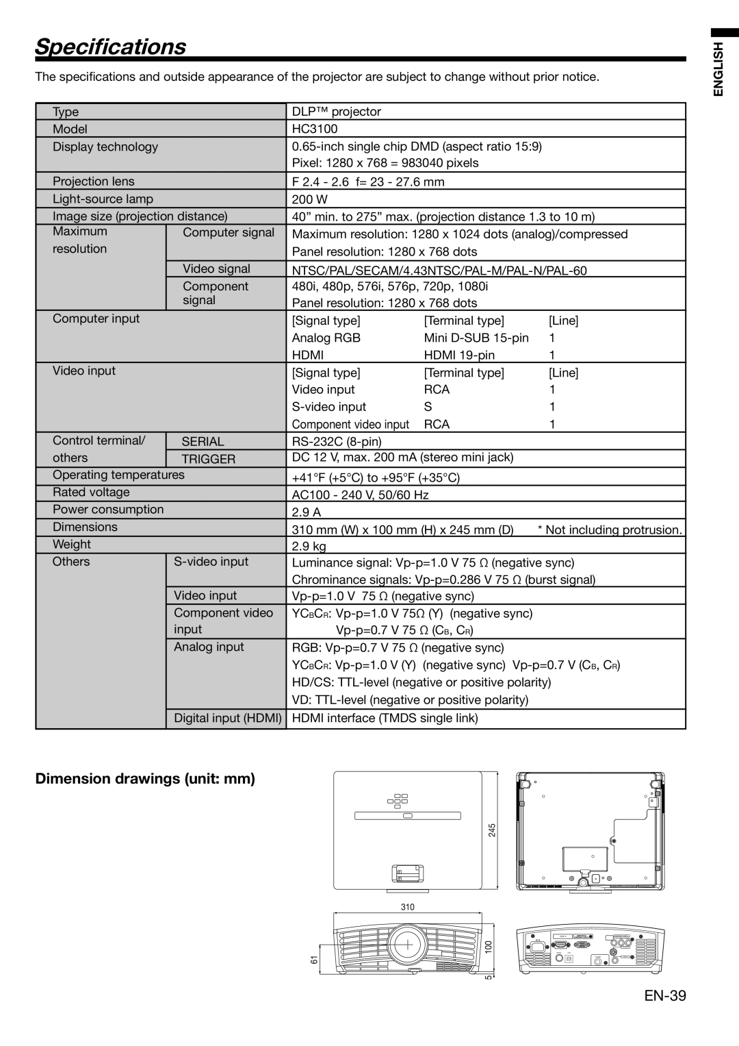 Mitsubishi Electronics HC3100 user manual Speciﬁcations, Dimension drawings unit mm, EN-39 