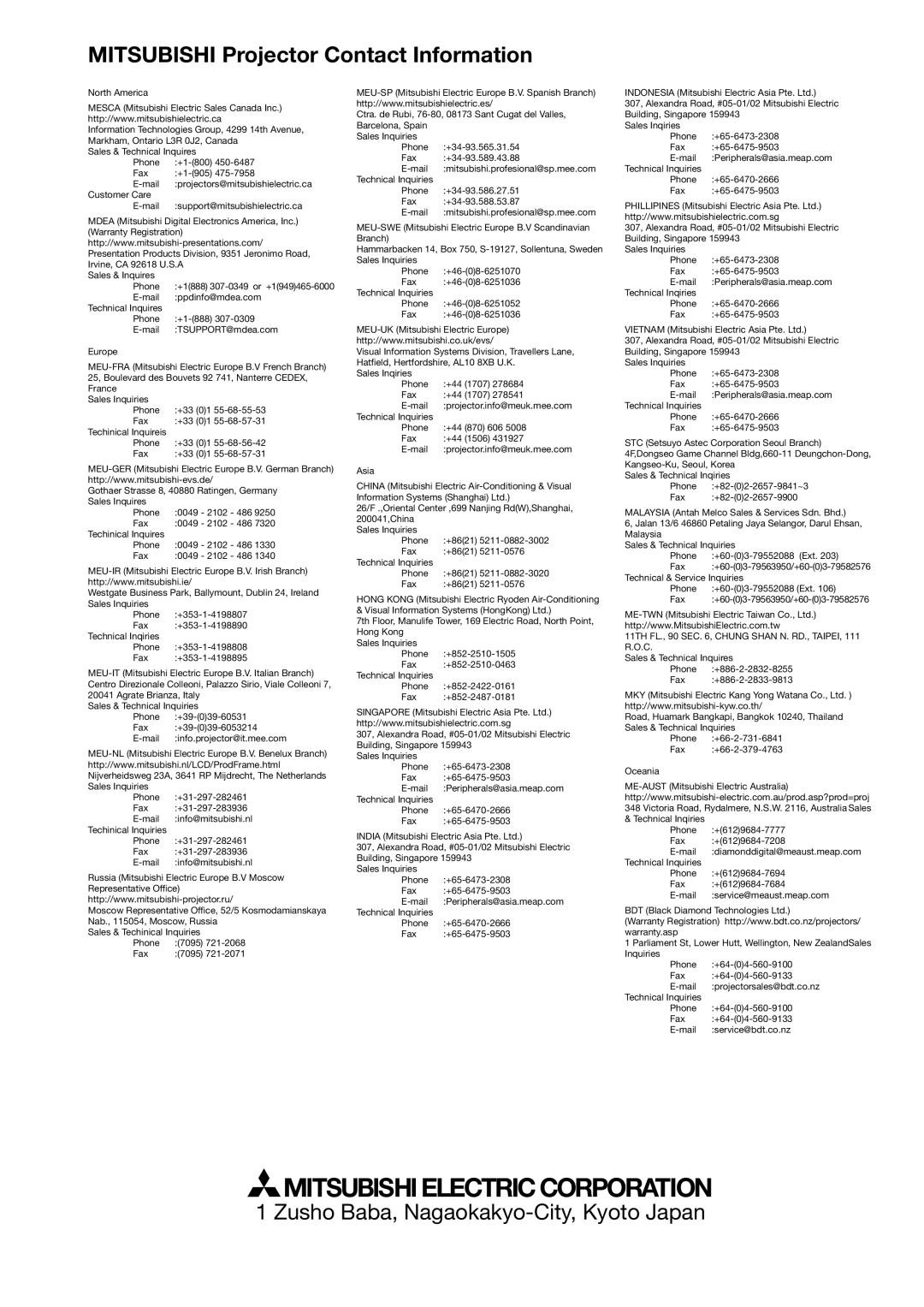 Mitsubishi Electronics HC3100 user manual Mitsubishi Projector Contact Information 