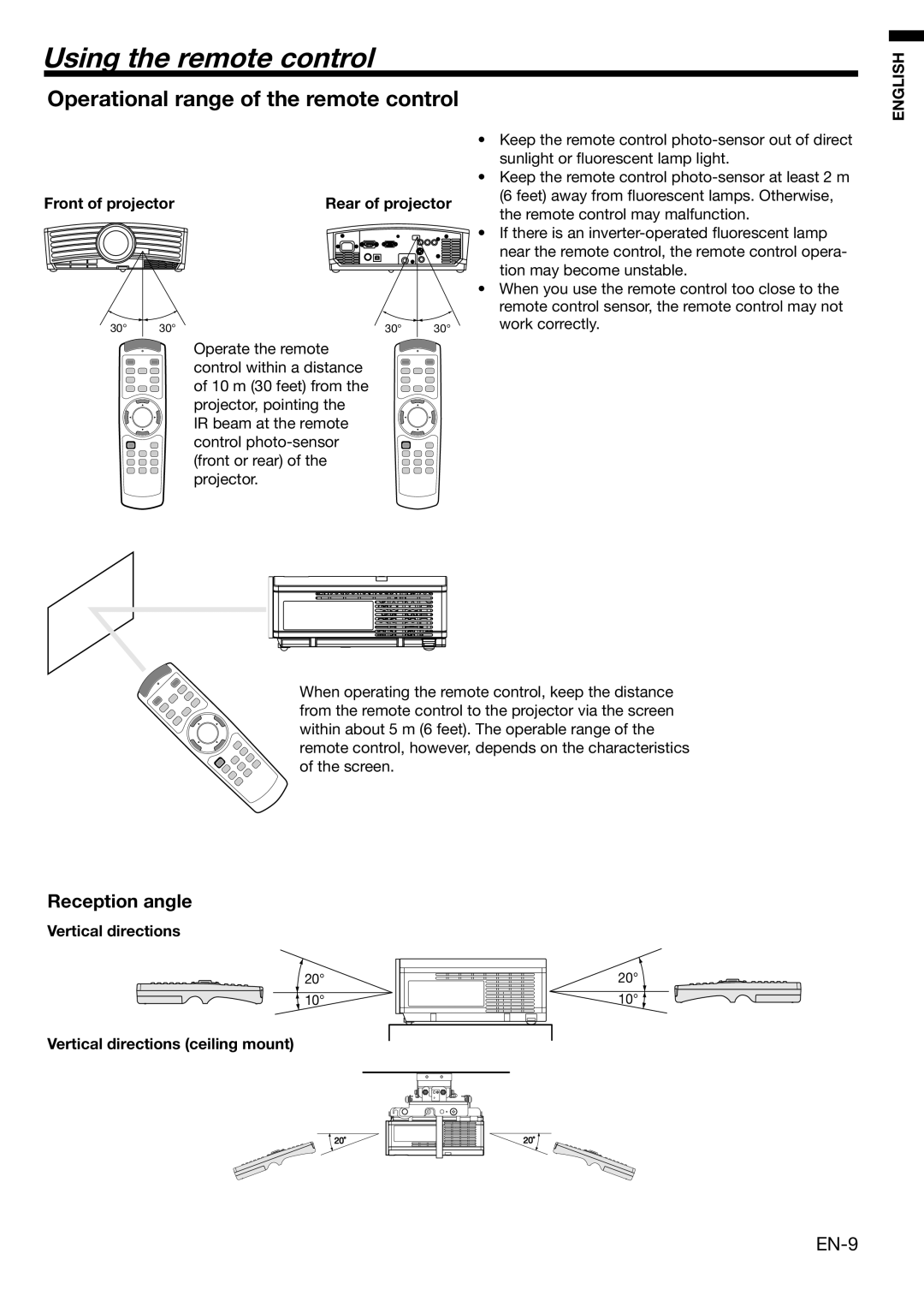 Mitsubishi Electronics HC3100 Using the remote control, Operational range of the remote control, Reception angle, EN-9 