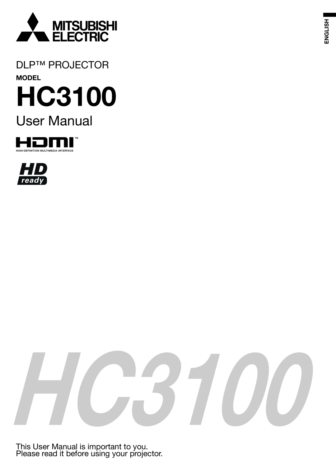 Mitsubishi Electronics HC3100 user manual Model, User Manual, Dlp Projector, English 