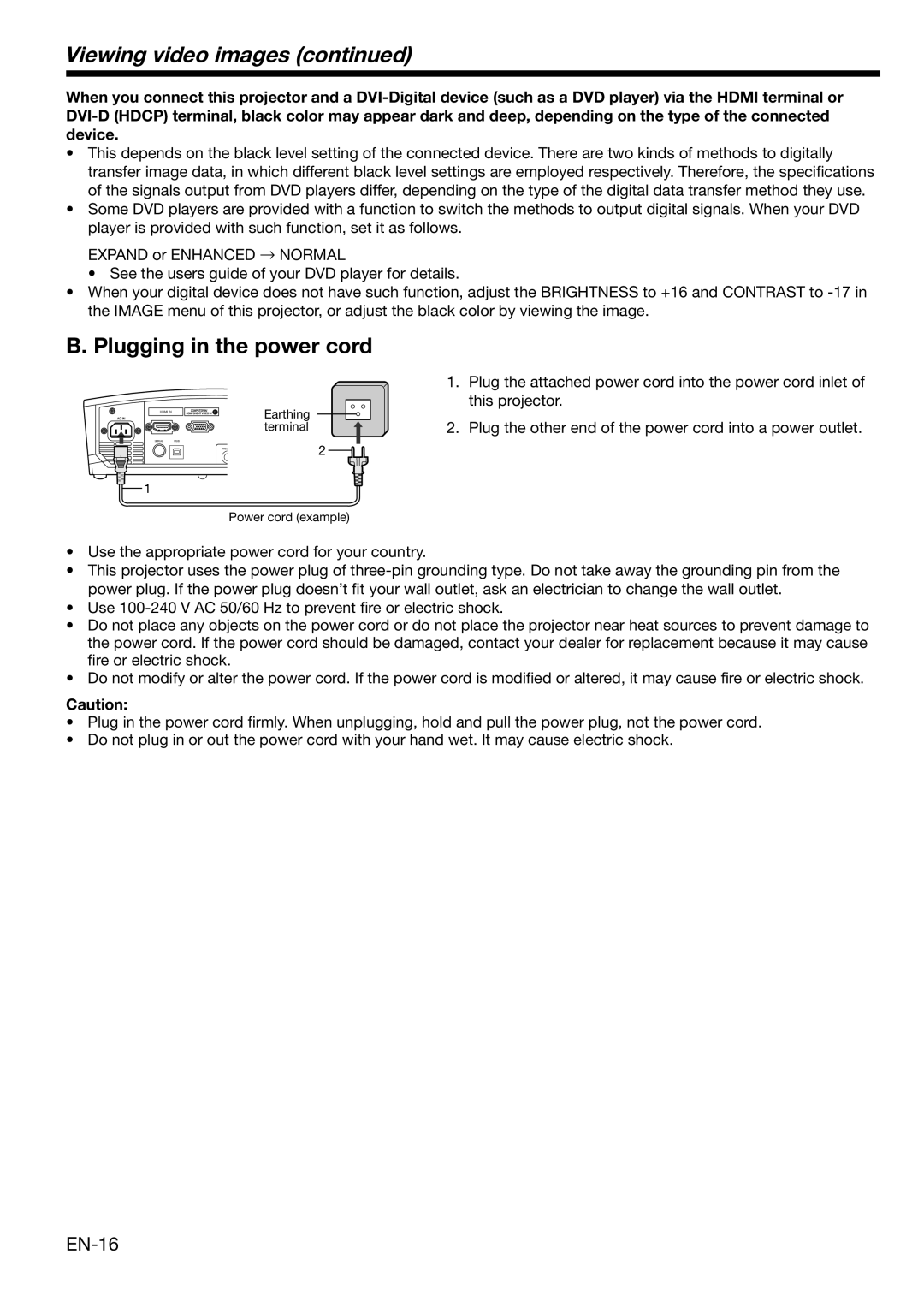 Mitsubishi Electronics HC3100 user manual B. Plugging in the power cord, Viewing video images continued, EN-16 