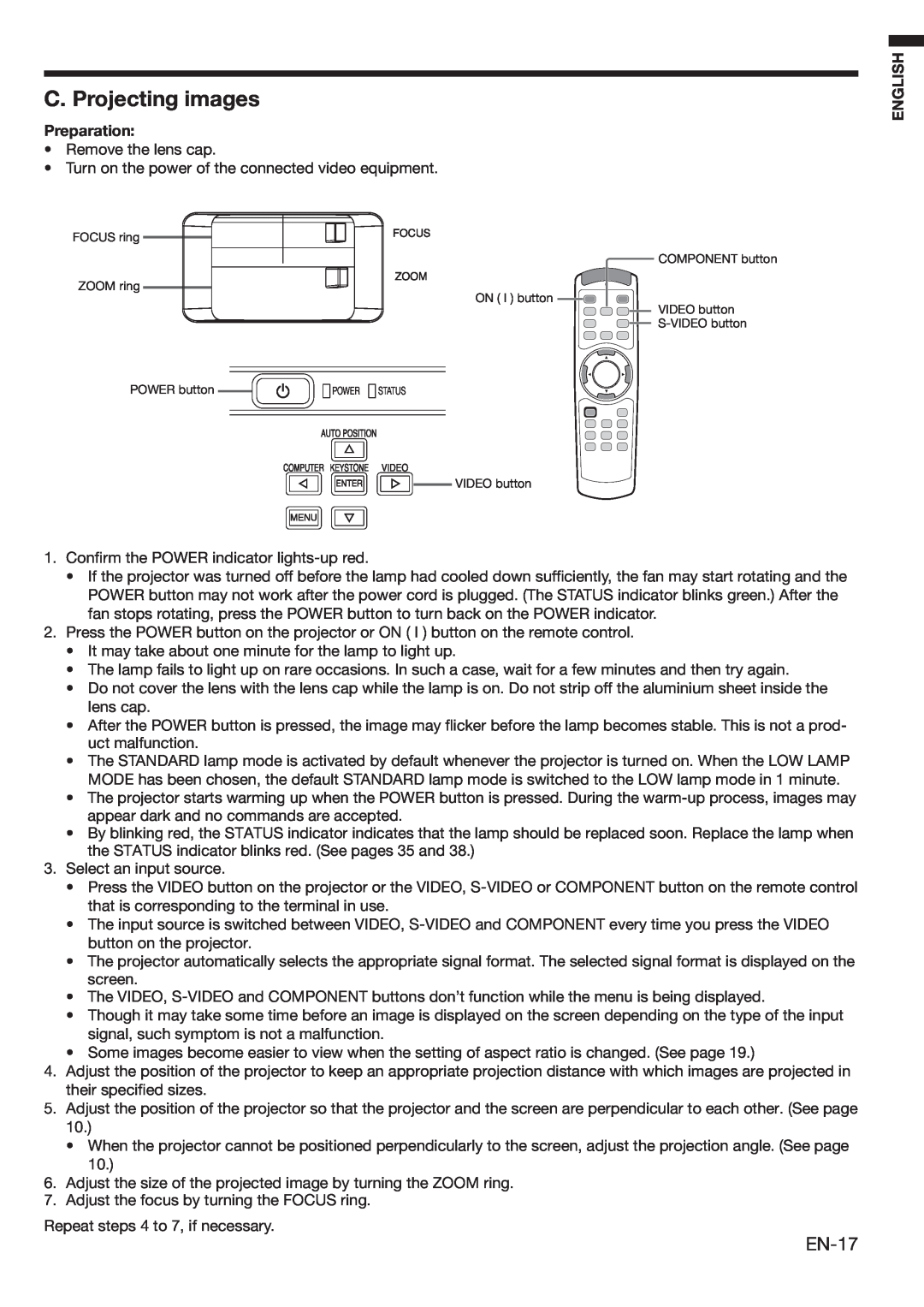 Mitsubishi Electronics HC3100 user manual C. Projecting images, EN-17, Preparation, English 