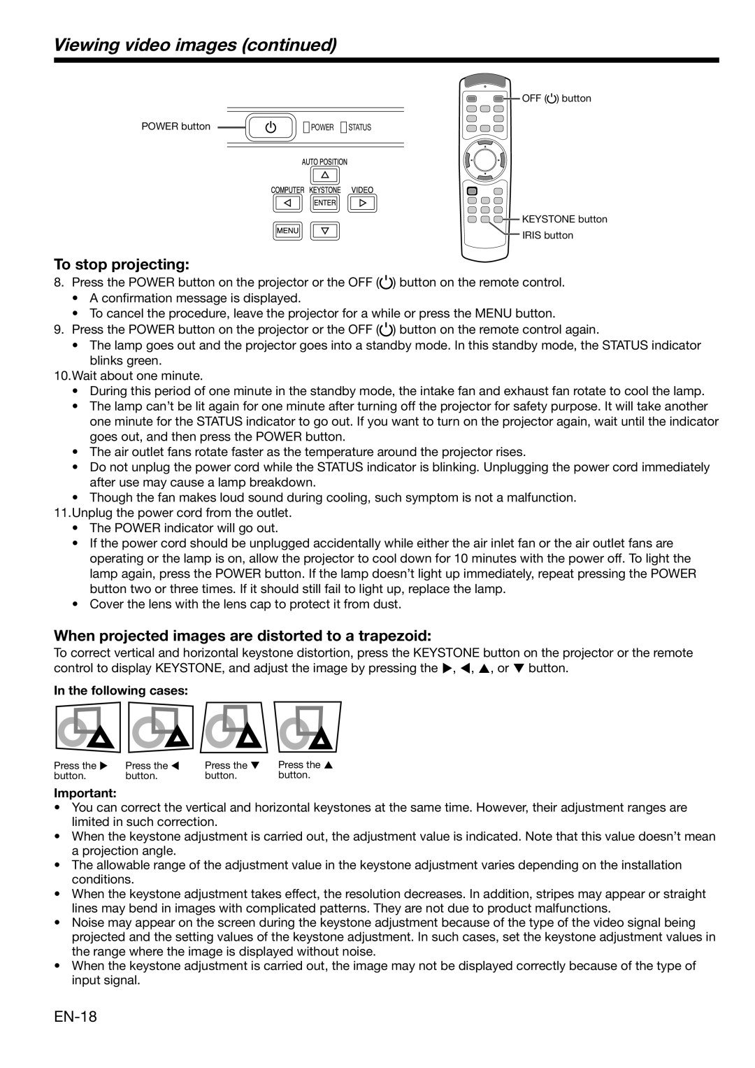 Mitsubishi Electronics HC3100 user manual To stop projecting, When projected images are distorted to a trapezoid, EN-18 