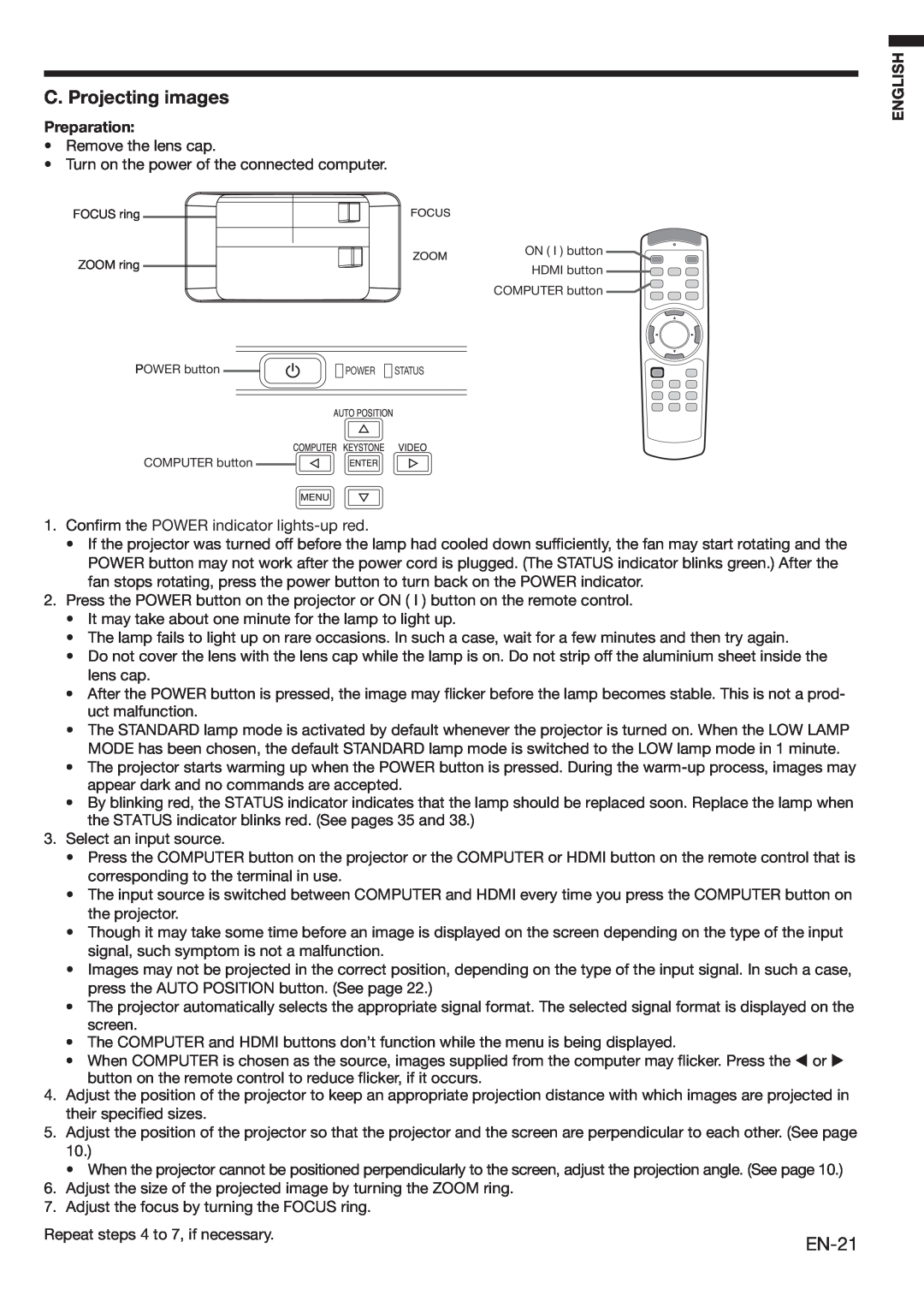 Mitsubishi Electronics HC3100 user manual C. Projecting images, EN-21, Preparation, English 