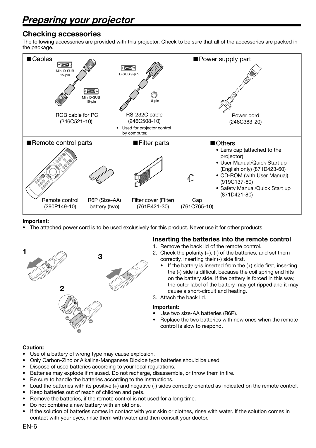Mitsubishi Electronics HC3100 user manual Preparing your projector, Checking accessories 