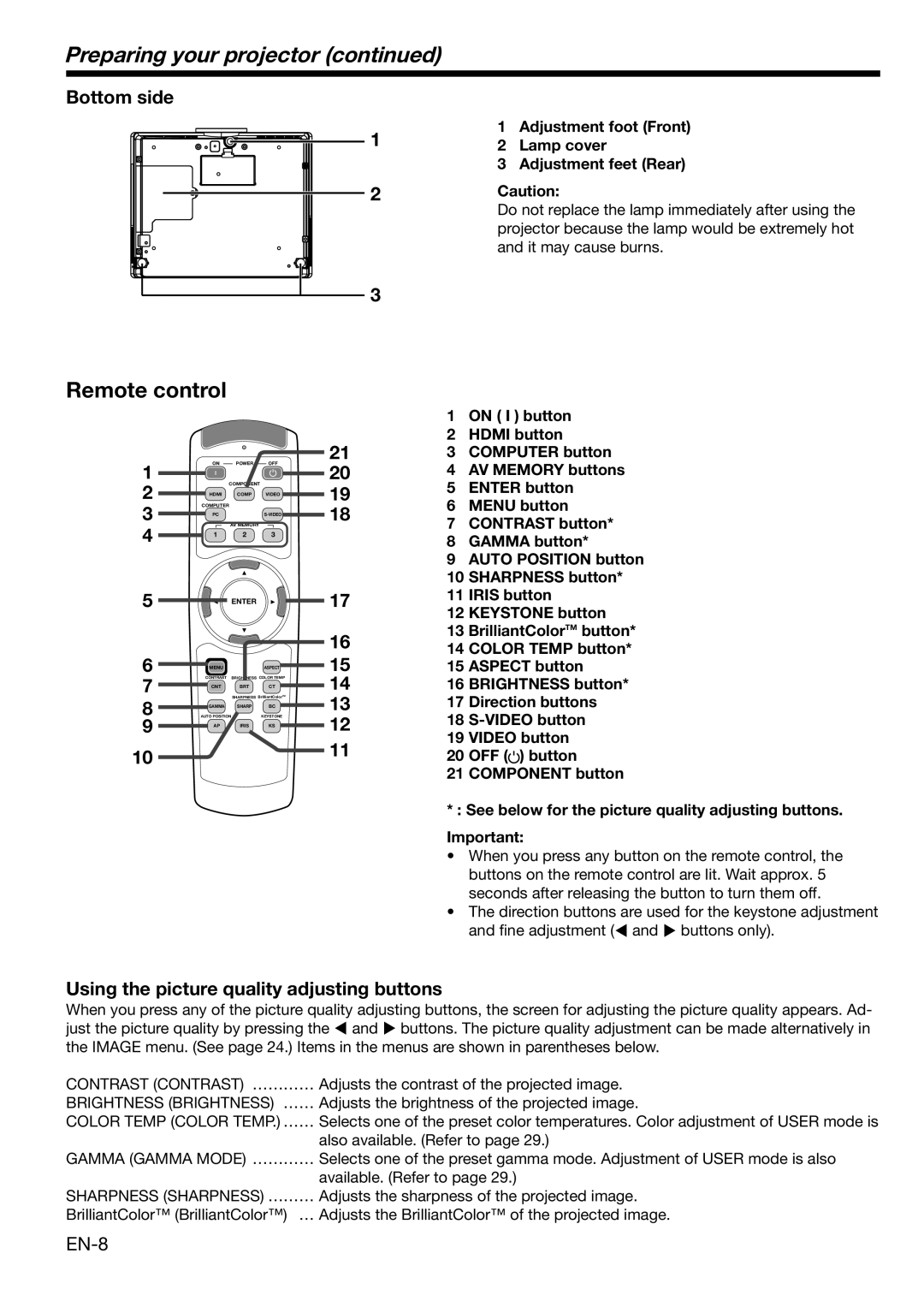Mitsubishi Electronics HC3100 user manual Preparing your projector continued, Remote control, Bottom side, 1011 