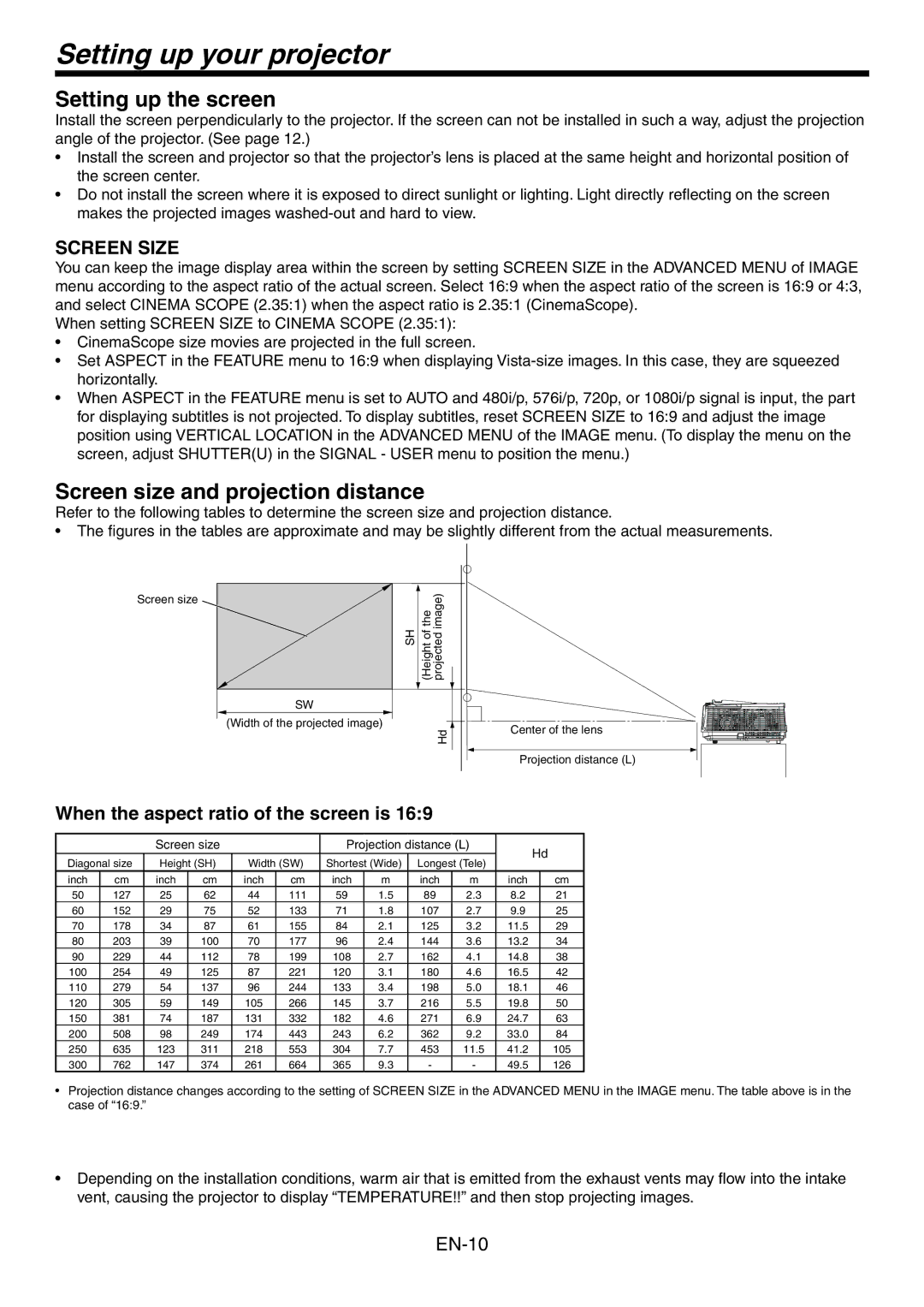 Mitsubishi Electronics HC3800 Setting up your projector, Setting up the screen, Screen size and projection distance 