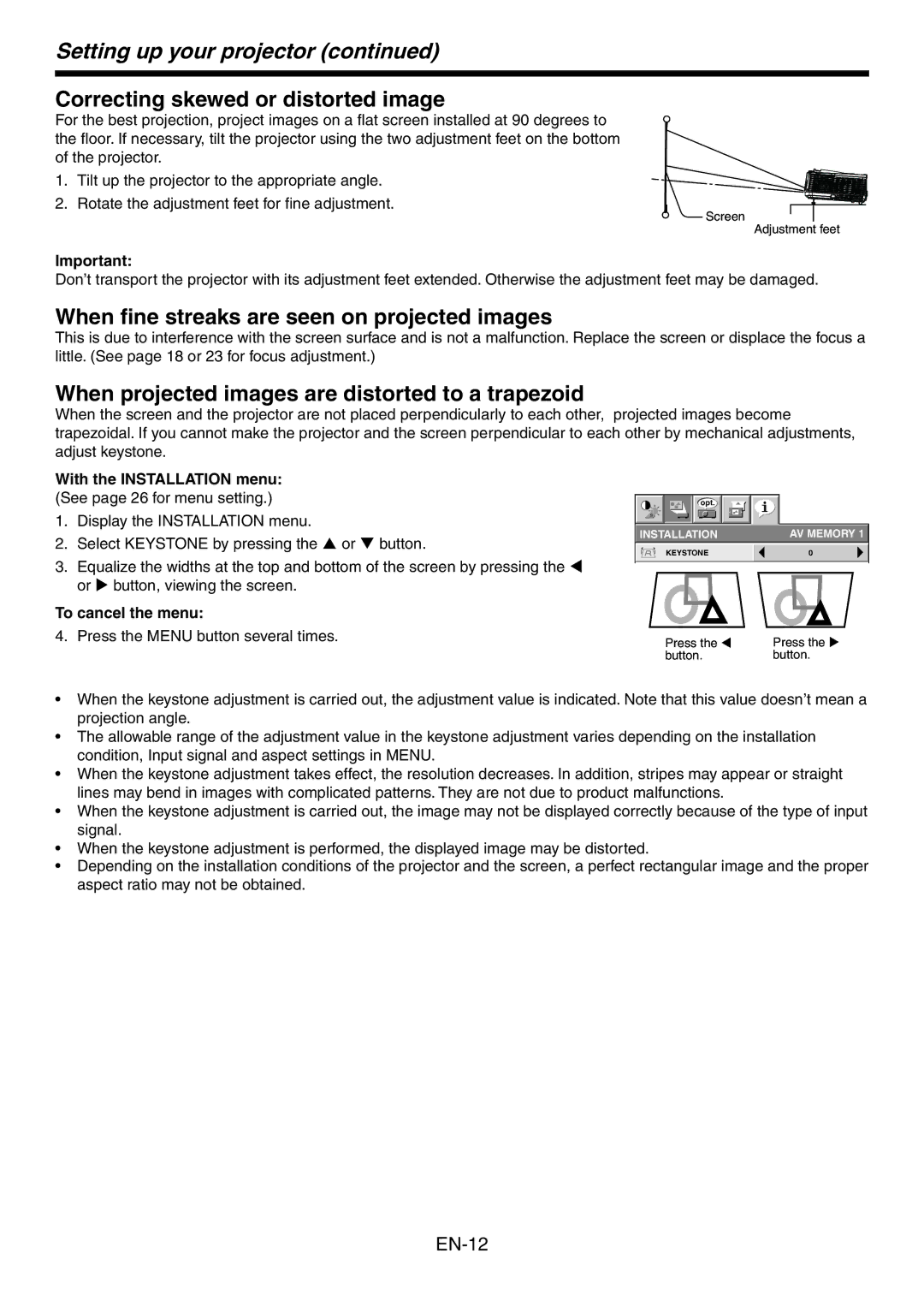 Mitsubishi Electronics HC3800 Correcting skewed or distorted image, When fine streaks are seen on projected images 