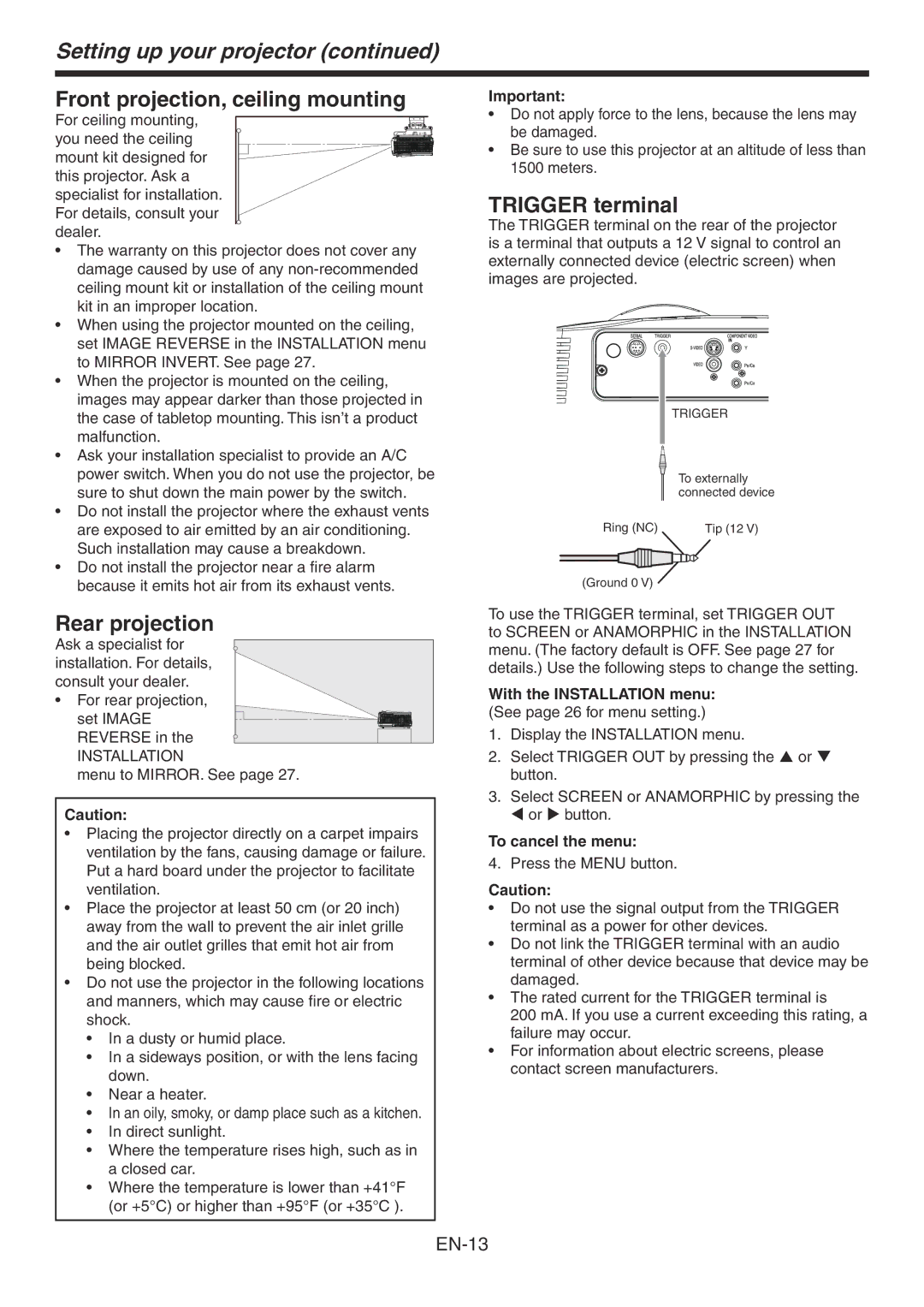 Mitsubishi Electronics HC3800 Front projection, ceiling mounting, Rear projection, Trigger terminal, Installation 