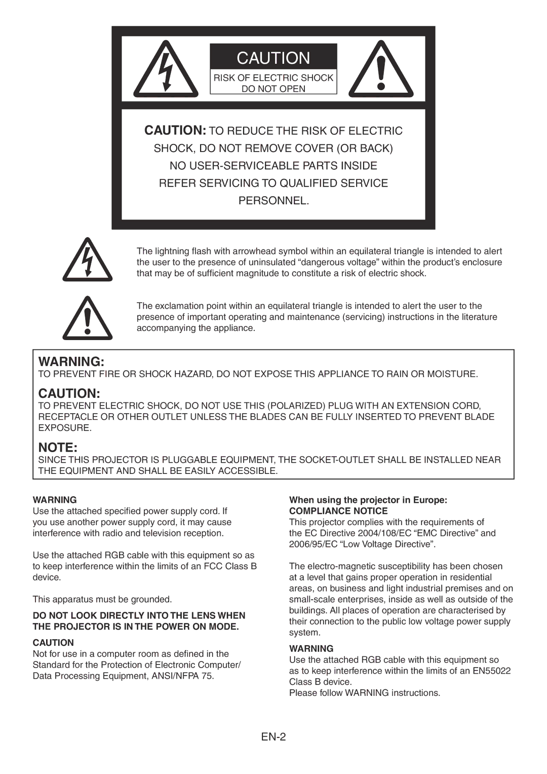 Mitsubishi Electronics HC3800 user manual Risk of Electric Shock Do not Open, When using the projector in Europe 