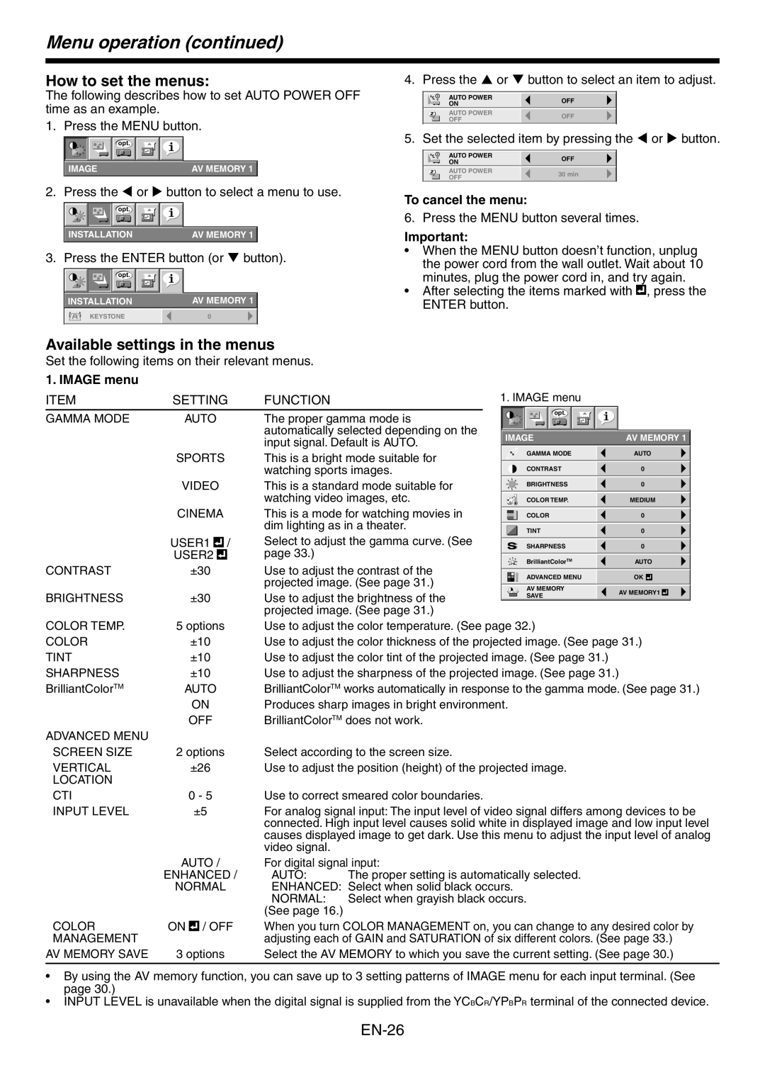 Mitsubishi Electronics HC3800 user manual Menu operation, How to set the menus, Available settings in the menus, Image menu 