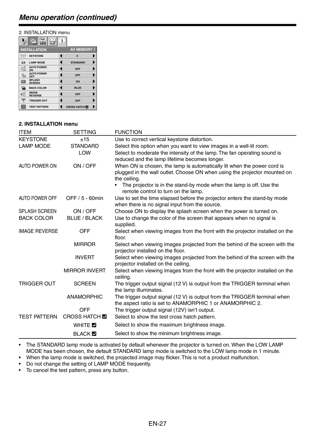 Mitsubishi Electronics HC3800 user manual Installation menu 