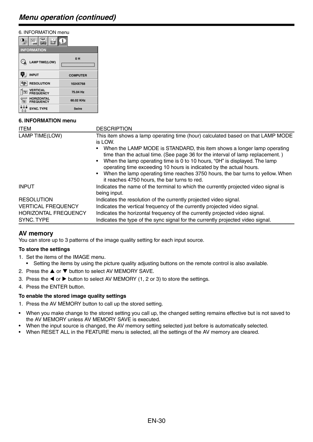 Mitsubishi Electronics HC3800 user manual AV memory, Information menu, To store the settings 