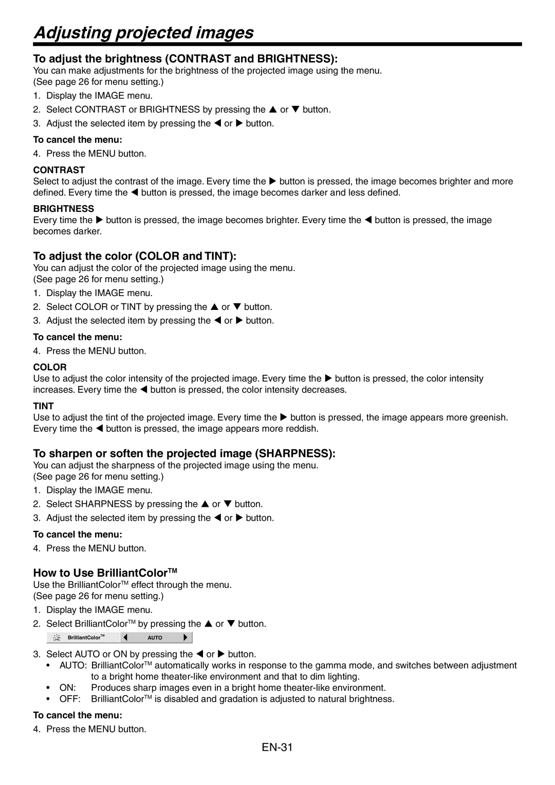 Mitsubishi Electronics HC3800 user manual Adjusting projected images, To adjust the brightness Contrast and Brightness 