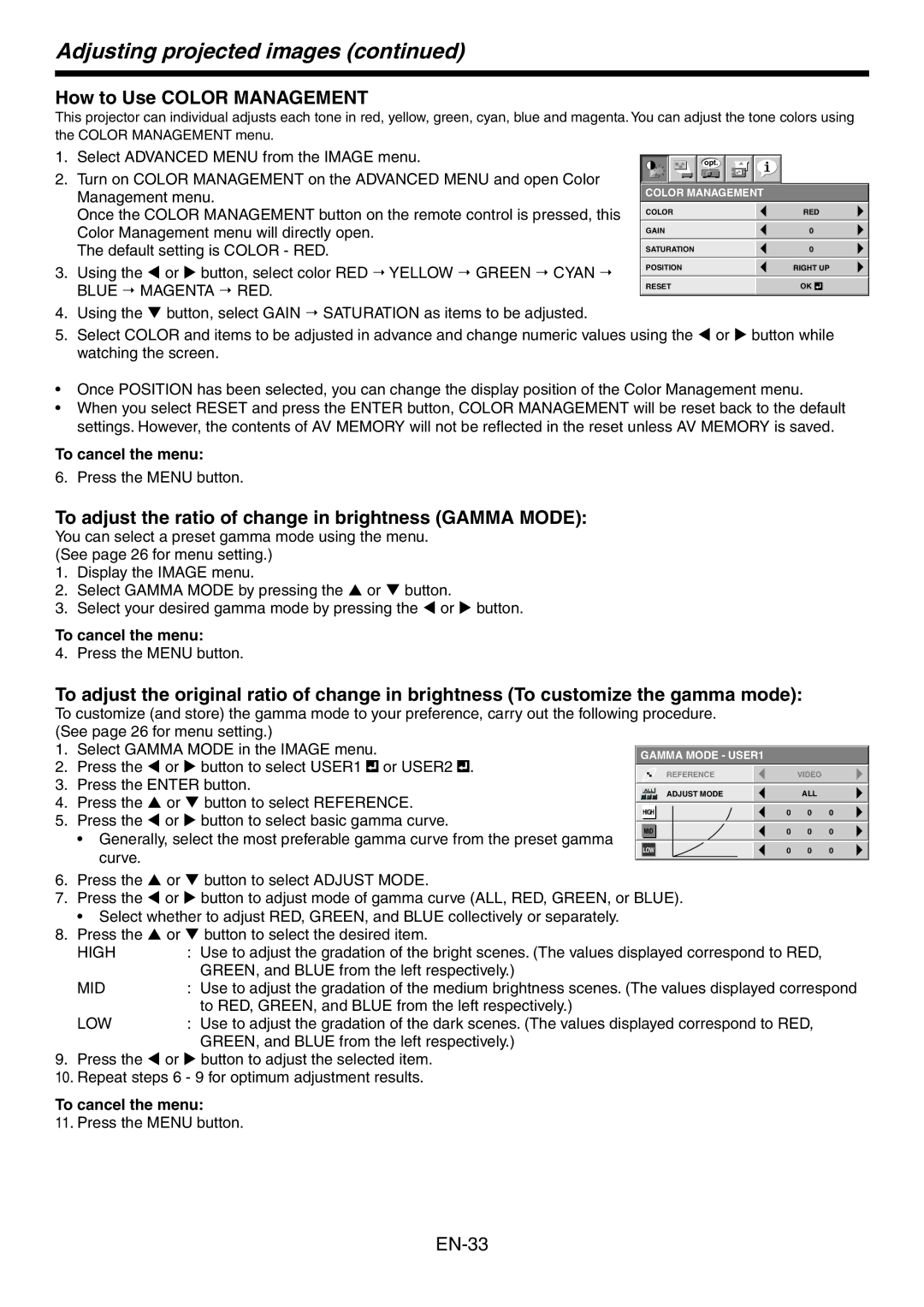 Mitsubishi Electronics HC3800 How to Use Color Management, To adjust the ratio of change in brightness Gamma Mode, High 