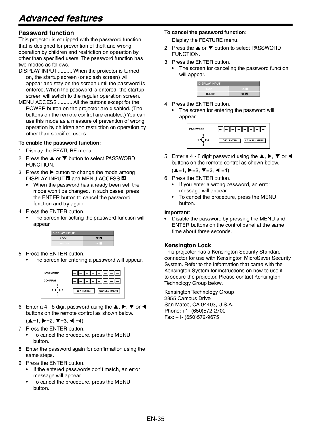 Mitsubishi Electronics HC3800 user manual Advanced features, Password function, To enable the password function 