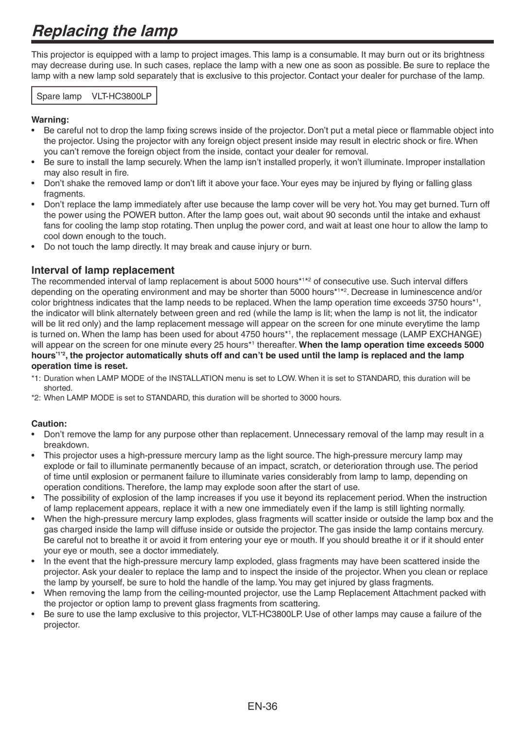 Mitsubishi Electronics HC3800 user manual Replacing the lamp, Interval of lamp replacement 