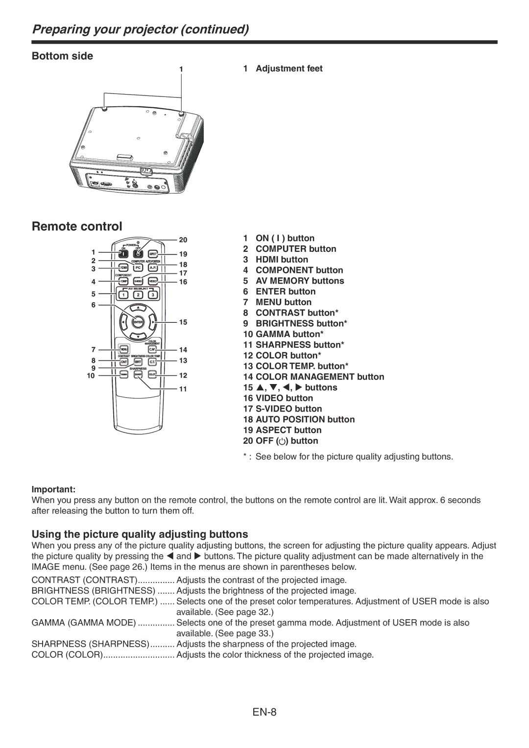 Mitsubishi Electronics HC3800 user manual Remote control, Bottom side, Using the picture quality adjusting buttons 