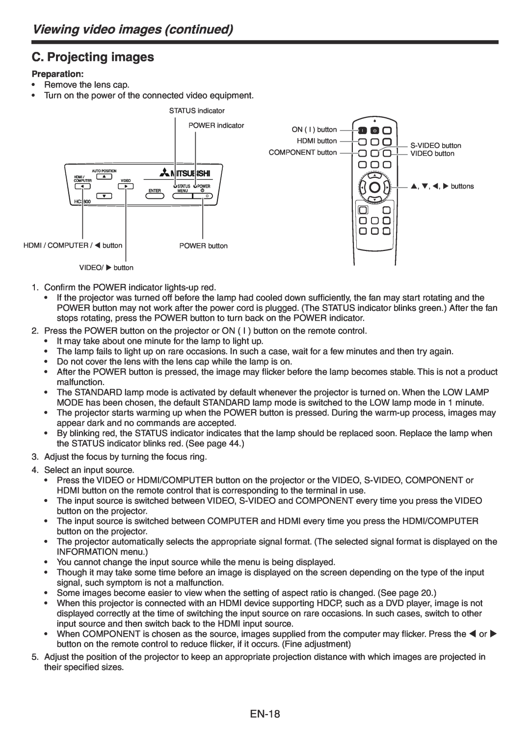 Mitsubishi Electronics HC3800 user manual C. Projecting images, Viewing video images continued, EN-18, Preparation 