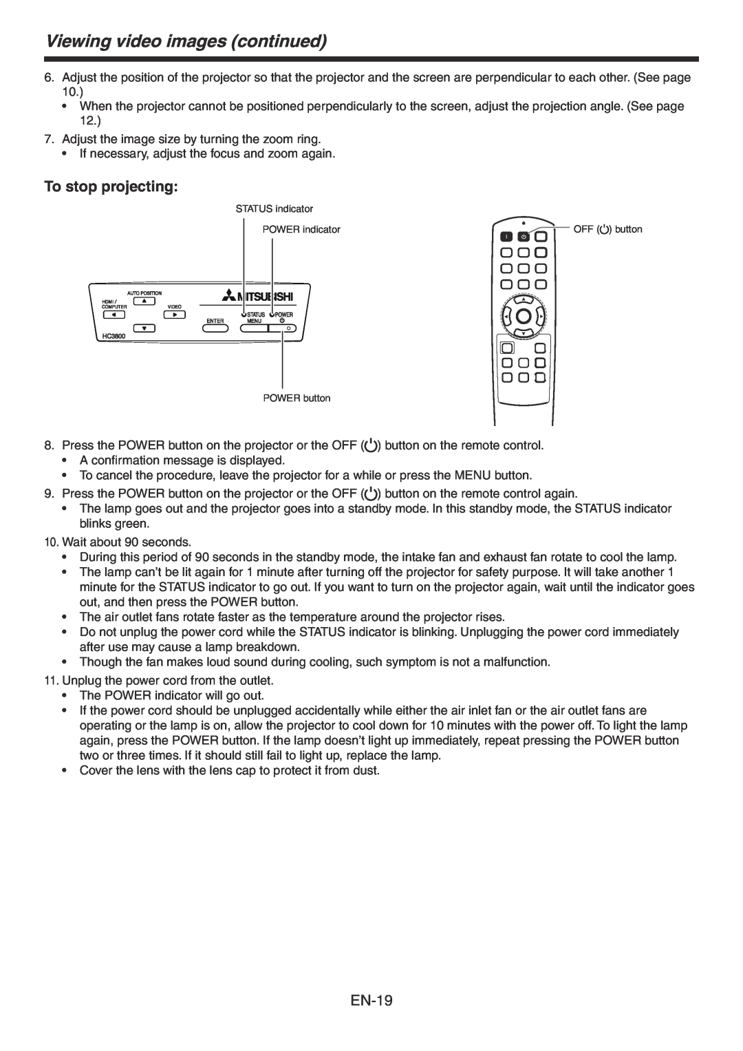 Mitsubishi Electronics HC3800 user manual To stop projecting, Viewing video images continued, EN-19 