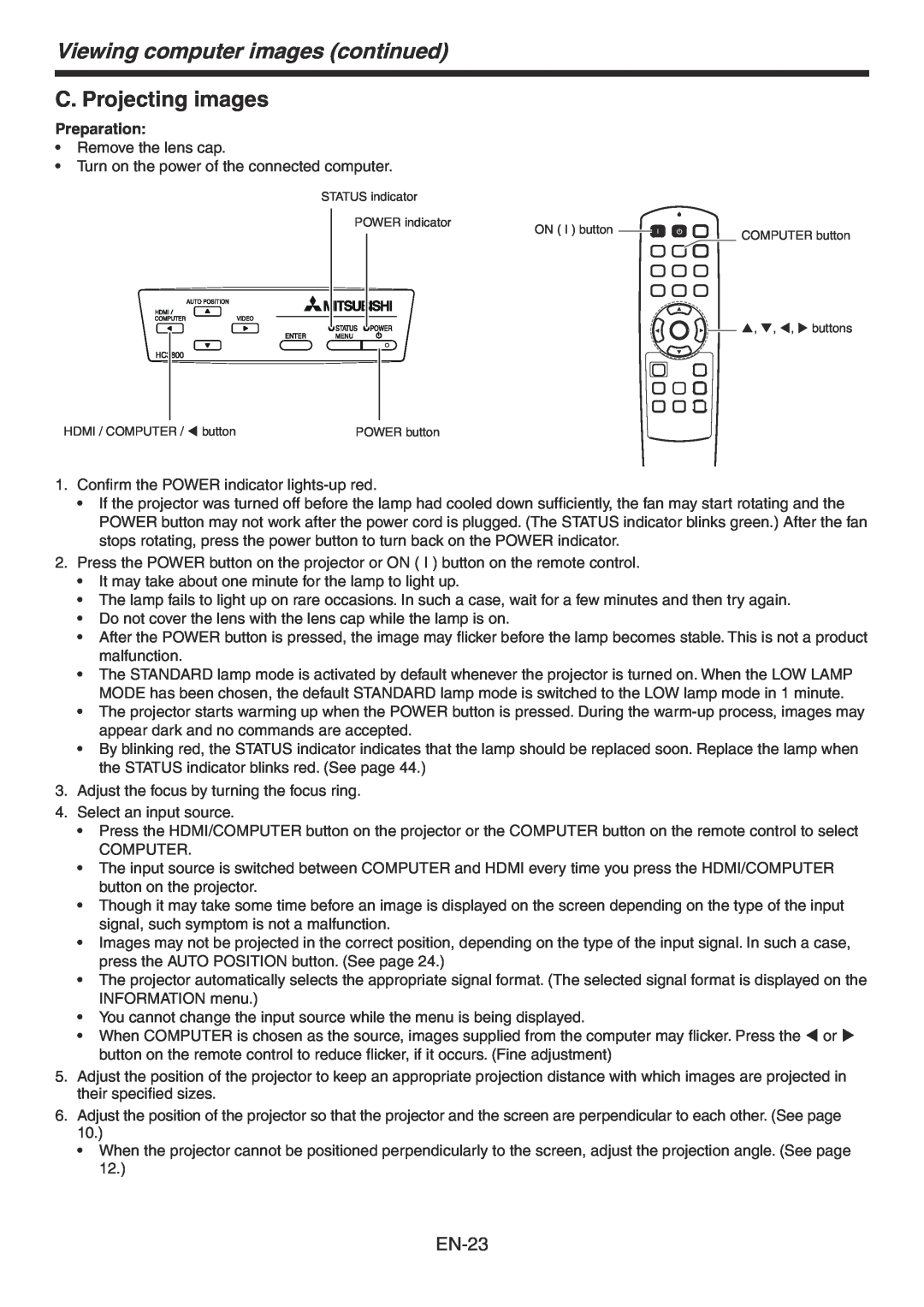 Mitsubishi Electronics HC3800 user manual Viewing computer images continued, C. Projecting images, EN-23, Preparation 
