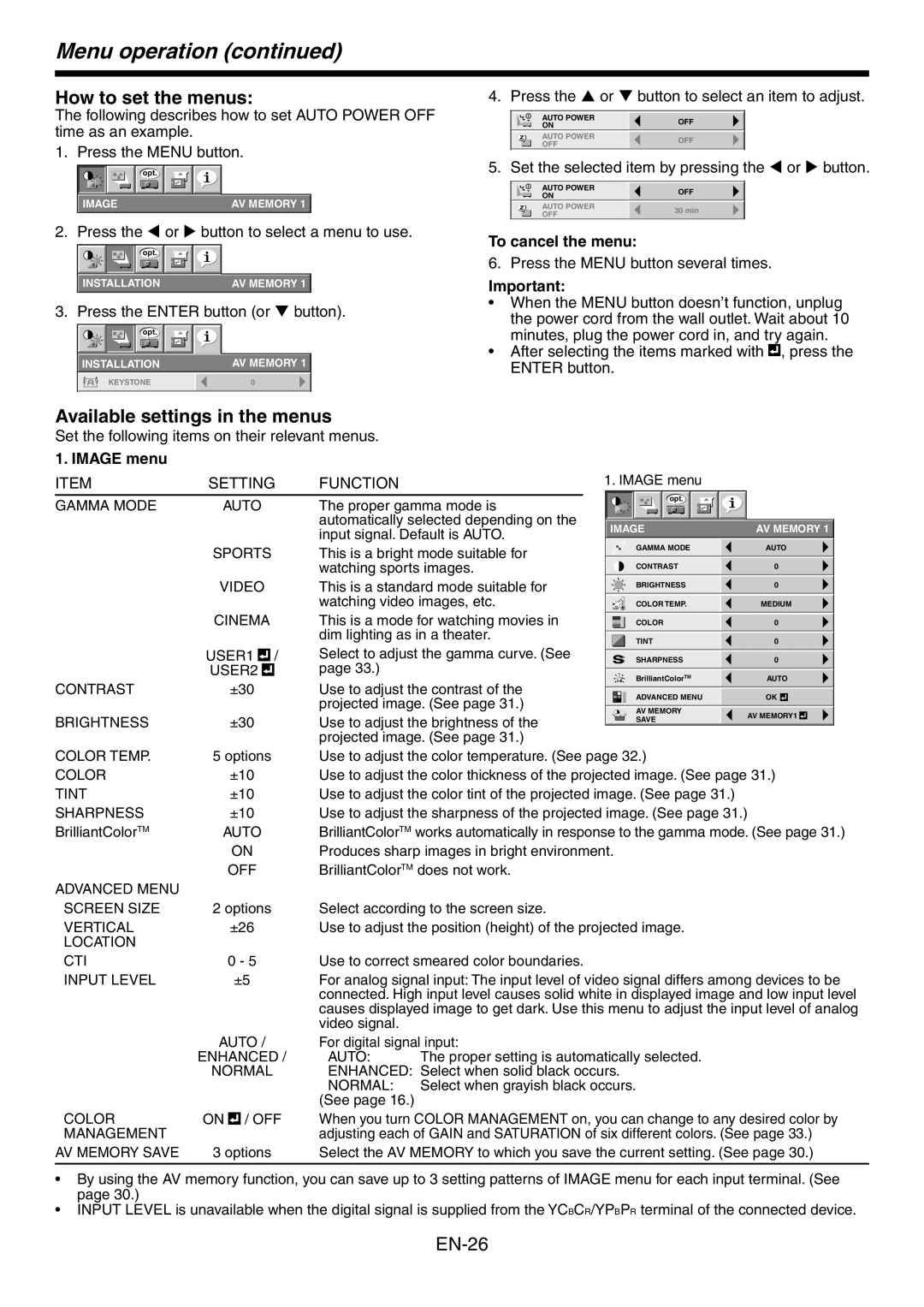 Mitsubishi Electronics HC3800 Menu operation continued, How to set the menus, Available settings in the menus, IMAGE menu 