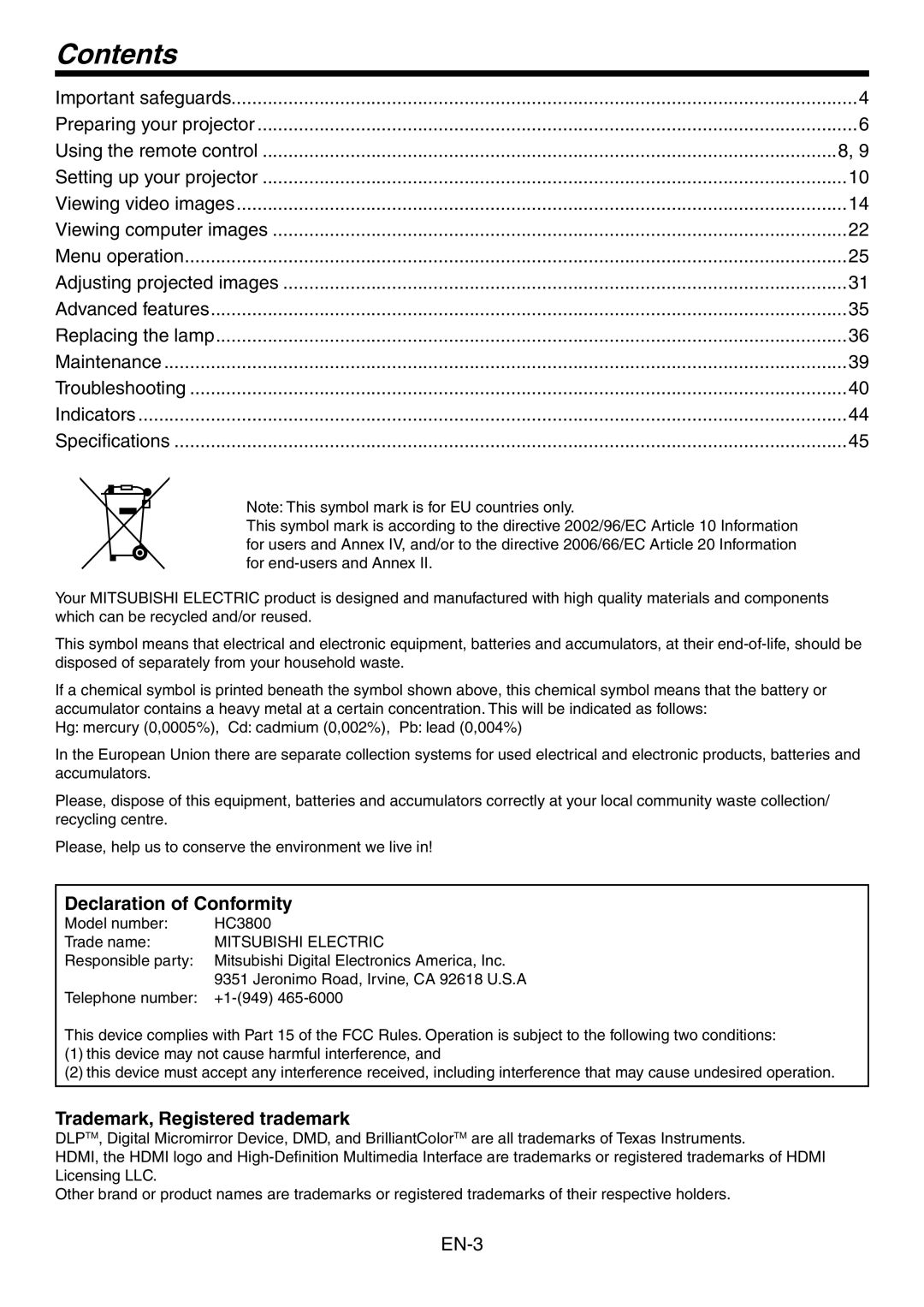 Mitsubishi Electronics HC3800 user manual Contents, Declaration of Conformity, Trademark, Registered trademark 