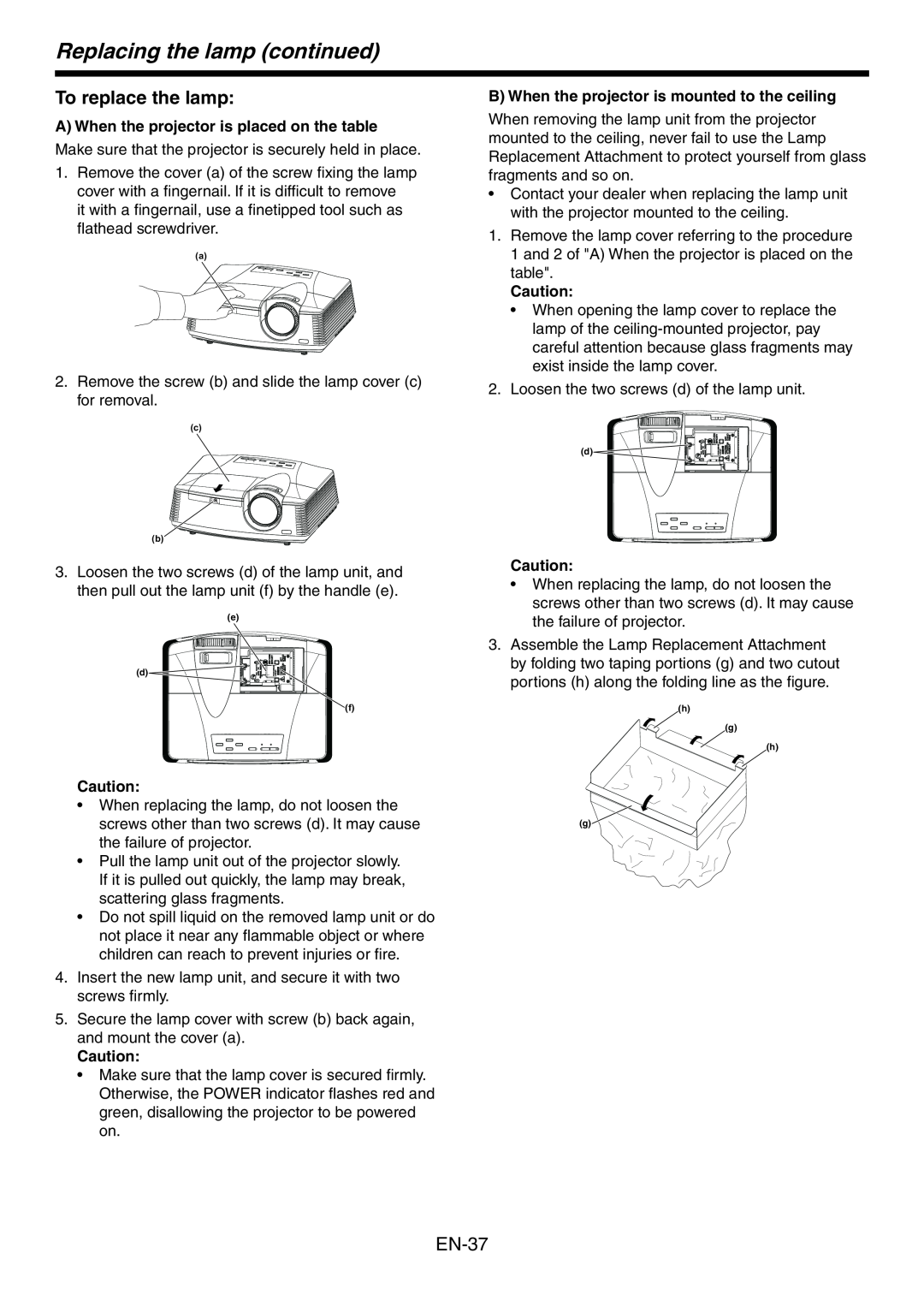 Mitsubishi Electronics HC3800 user manual Replacing the lamp continued, To replace the lamp 