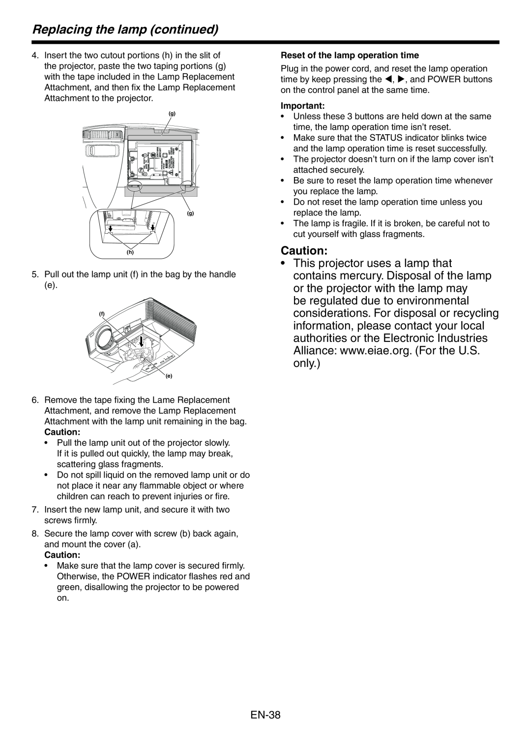 Mitsubishi Electronics HC3800 user manual Replacing the lamp continued, EN-38, Reset of the lamp operation time 