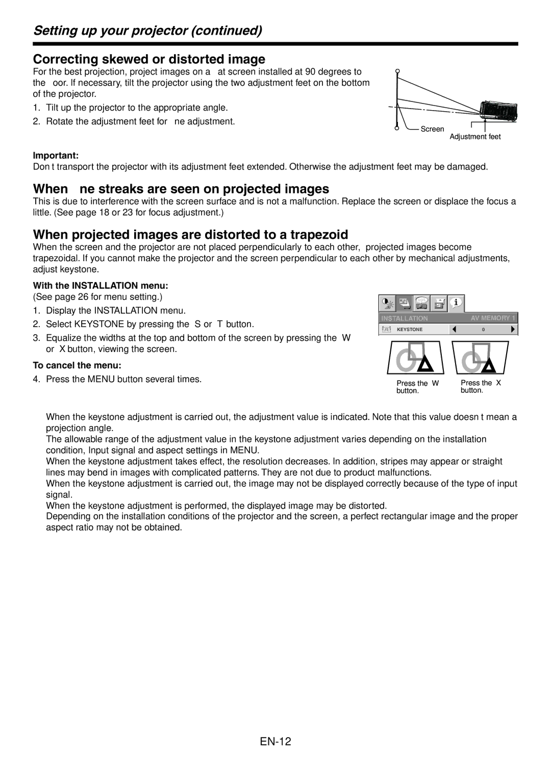 Mitsubishi Electronics HC3900 Correcting skewed or distorted image, When fine streaks are seen on projected images 