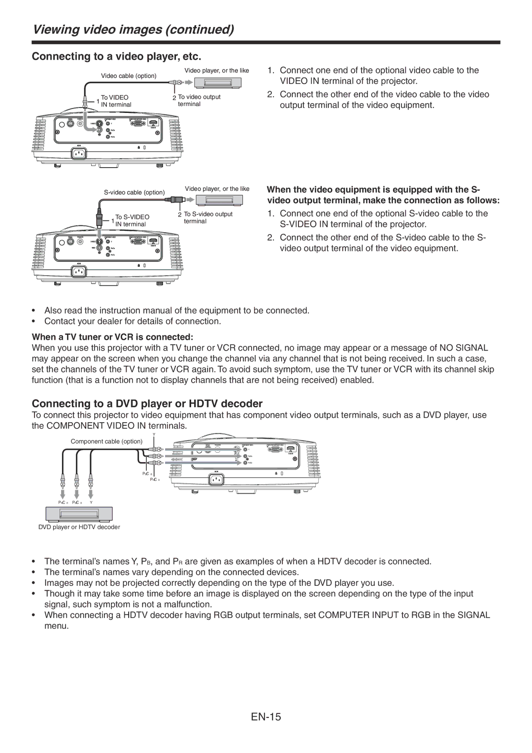 Mitsubishi Electronics HC3900 Viewing video images, Connecting to a video player, etc, When a TV tuner or VCR is connected 