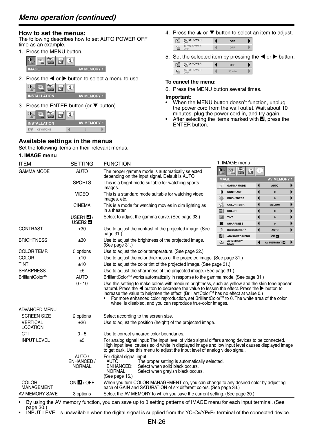 Mitsubishi Electronics HC3900 user manual Menu operation, How to set the menus, Available settings in the menus, Image menu 