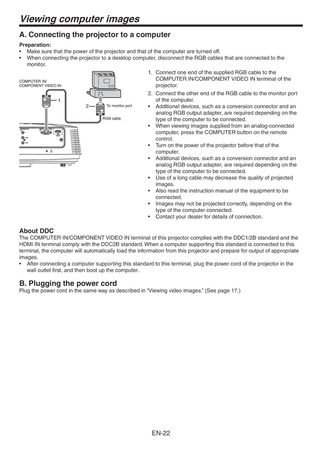 Mitsubishi Electronics HC4000 Viewing computer images, Connecting the projector to a computer, Plugging the power cord 