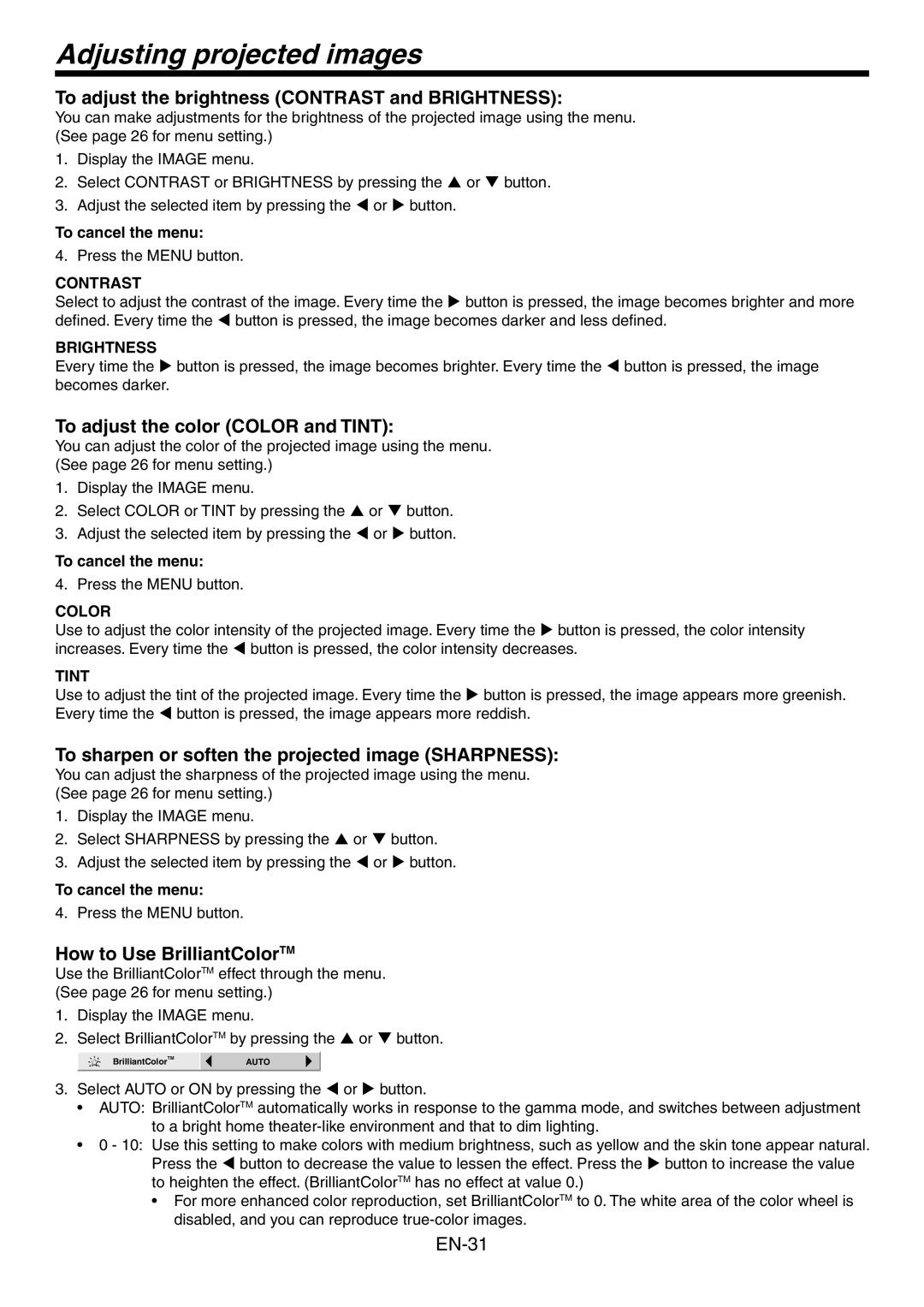 Mitsubishi Electronics HC4000 user manual Adjusting projected images, To adjust the brightness Contrast and Brightness 