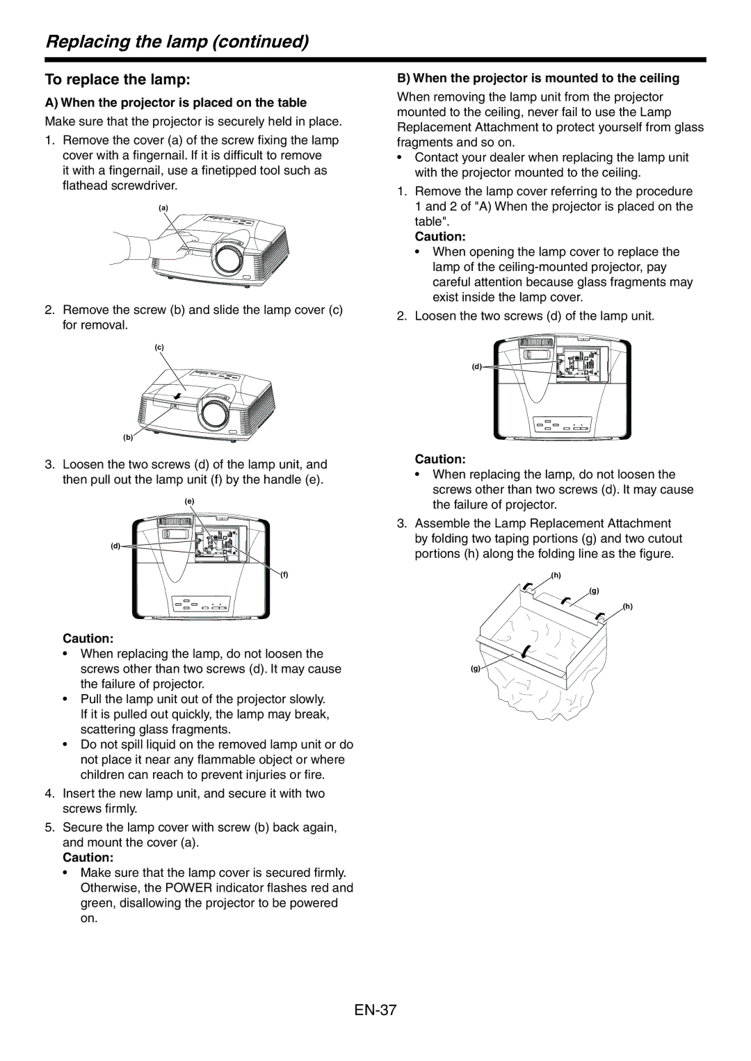 Mitsubishi Electronics HC4000 Replacing the lamp, To replace the lamp, When the projector is mounted to the ceiling 