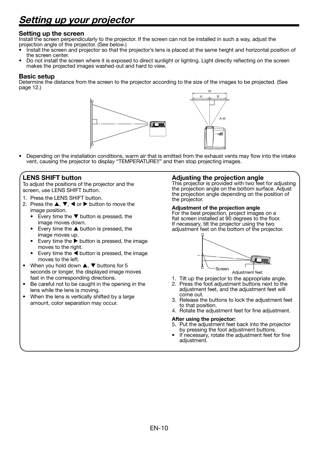 Mitsubishi Electronics HC4900 user manual Setting up your projector, Setting up the screen, Basic setup, Lens Shift button 