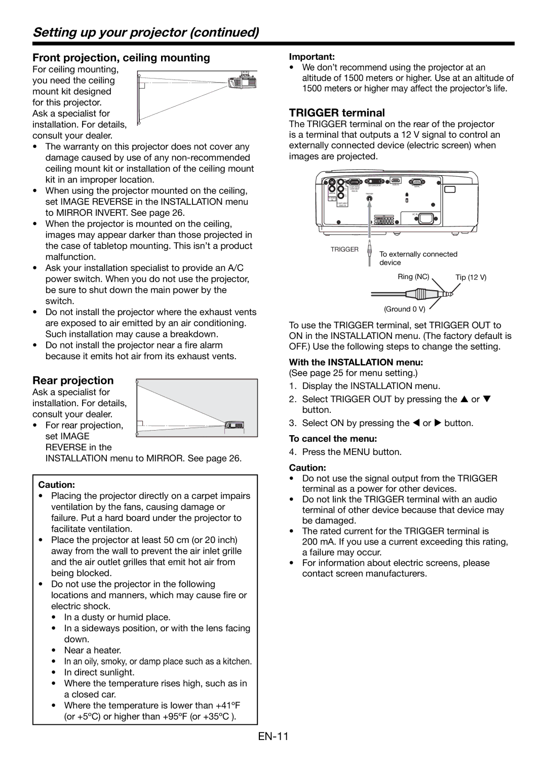 Mitsubishi Electronics HC4900 user manual Setting up your projector, Front projection, ceiling mounting, Trigger terminal 