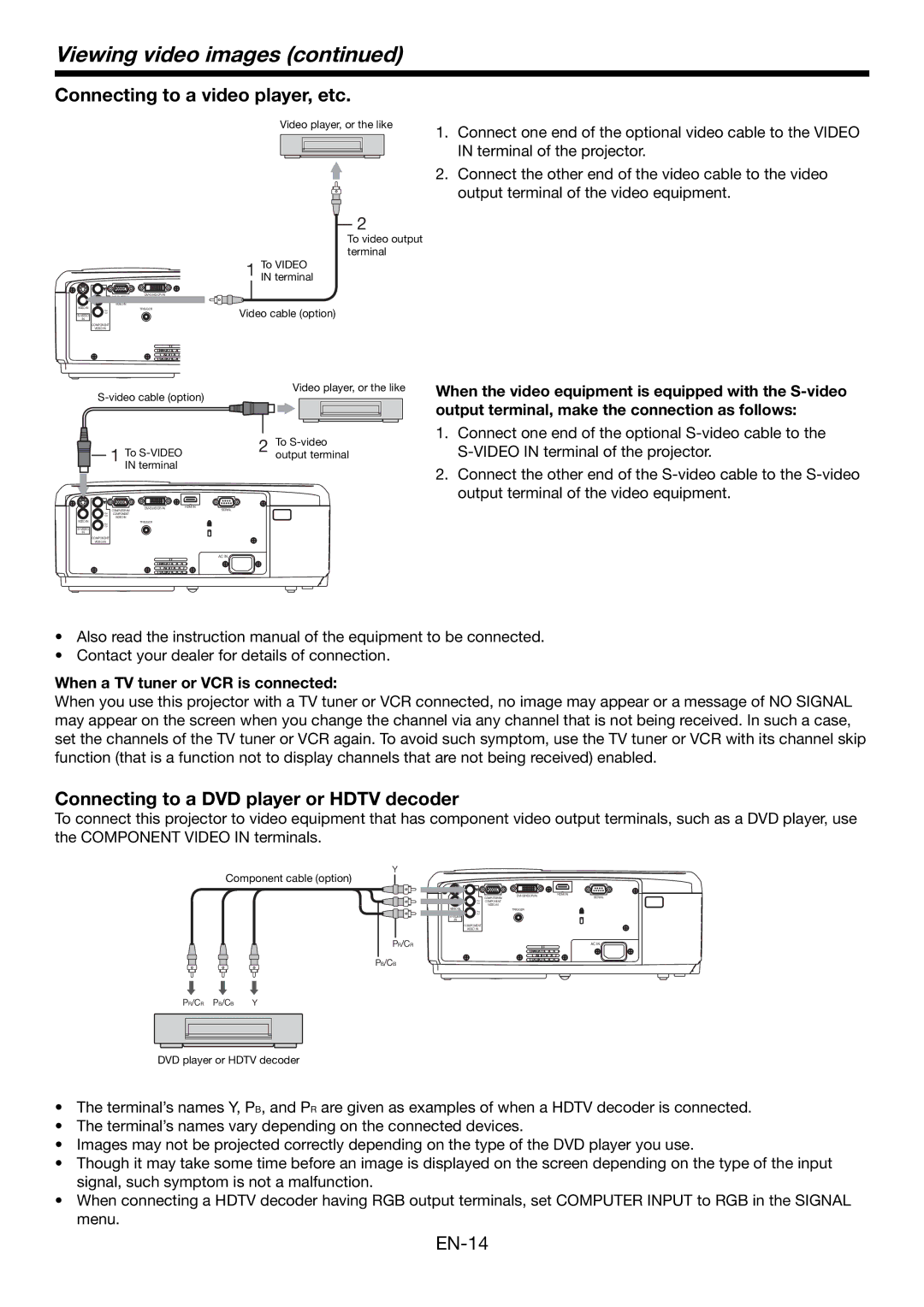 Mitsubishi Electronics HC4900 Viewing video images, Connecting to a video player, etc, When a TV tuner or VCR is connected 