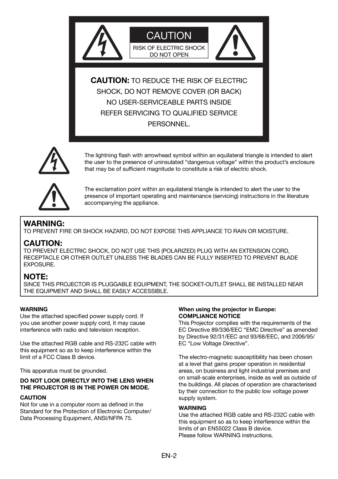 Mitsubishi Electronics HC4900 user manual Risk of Electric Shock Do not Open, When using the projector in Europe 