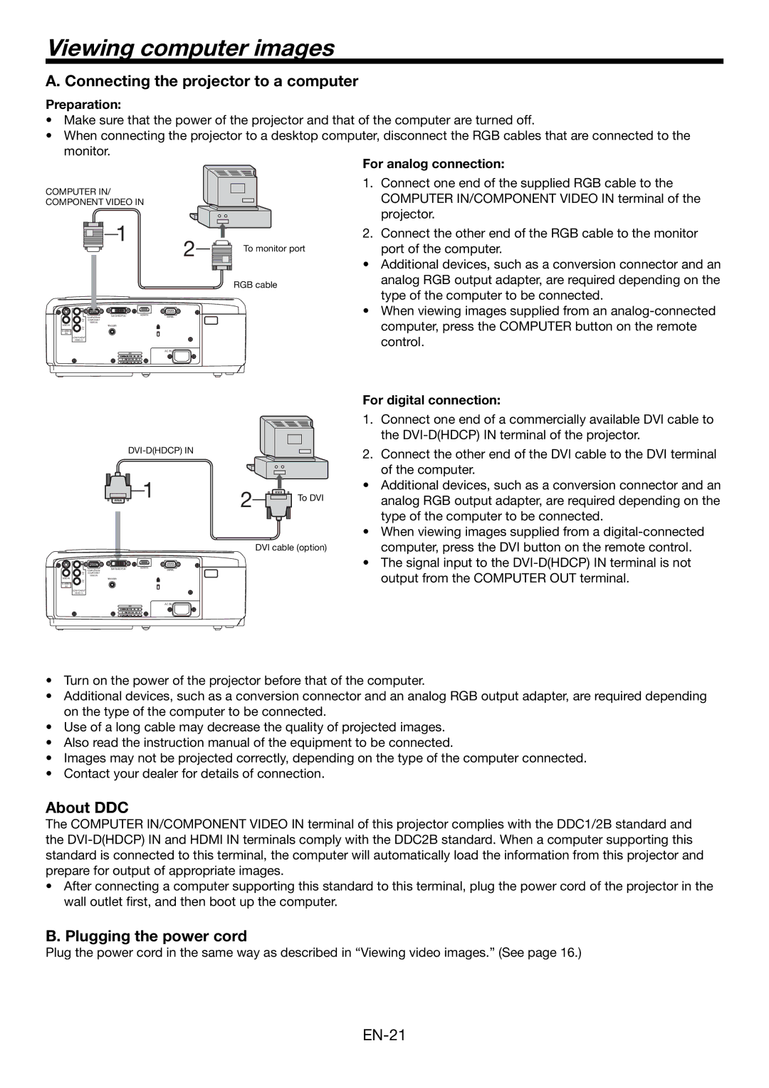 Mitsubishi Electronics HC4900 user manual Viewing computer images, Connecting the projector to a computer, About DDC 