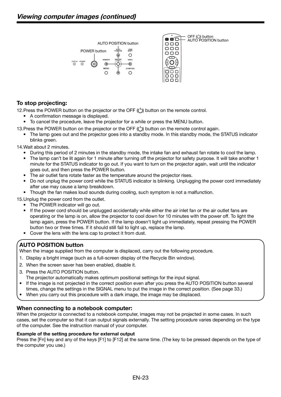 Mitsubishi Electronics HC4900 user manual Auto Position button, When connecting to a notebook computer 