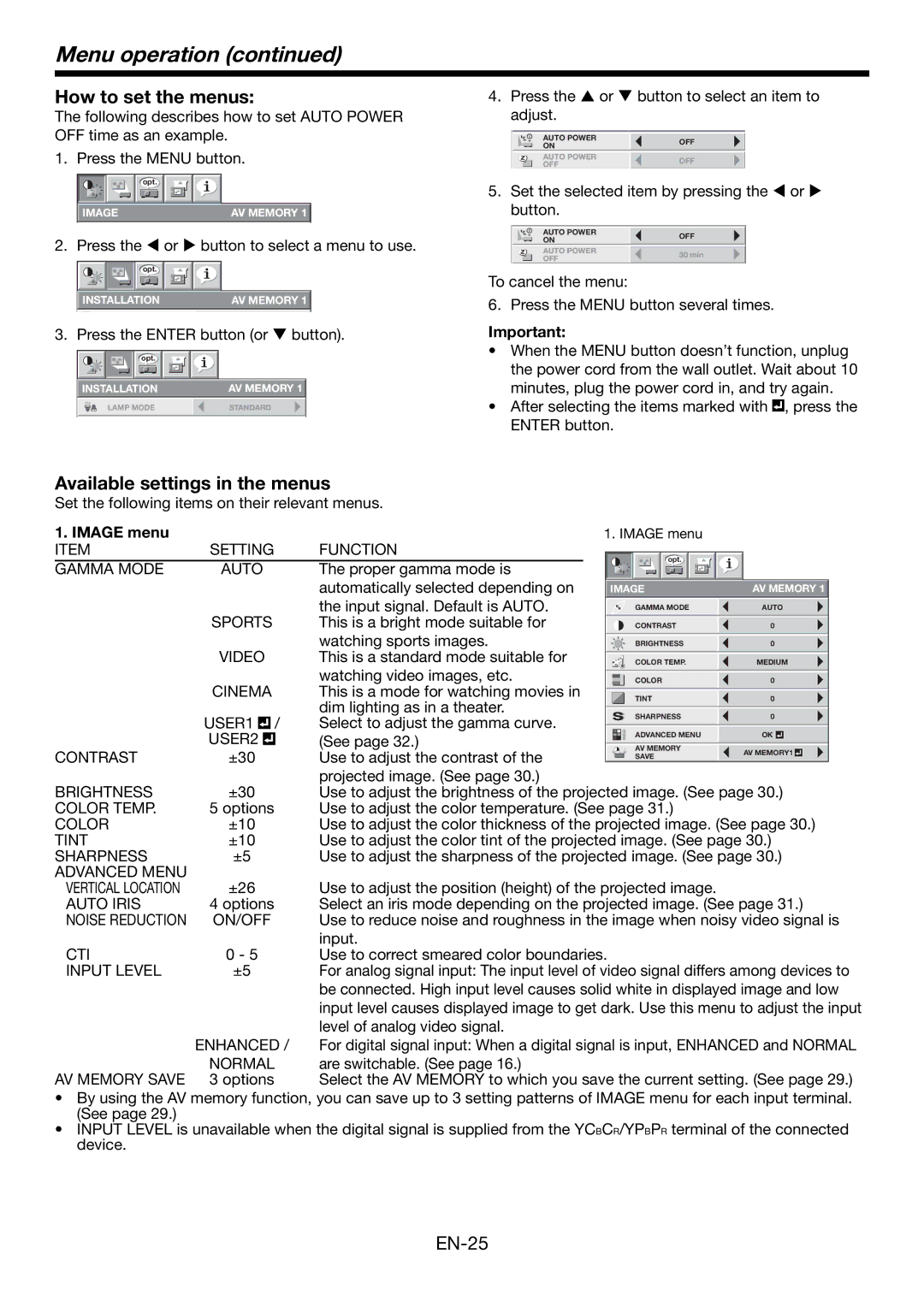 Mitsubishi Electronics HC4900 user manual Menu operation, How to set the menus, Available settings in the menus, Image menu 