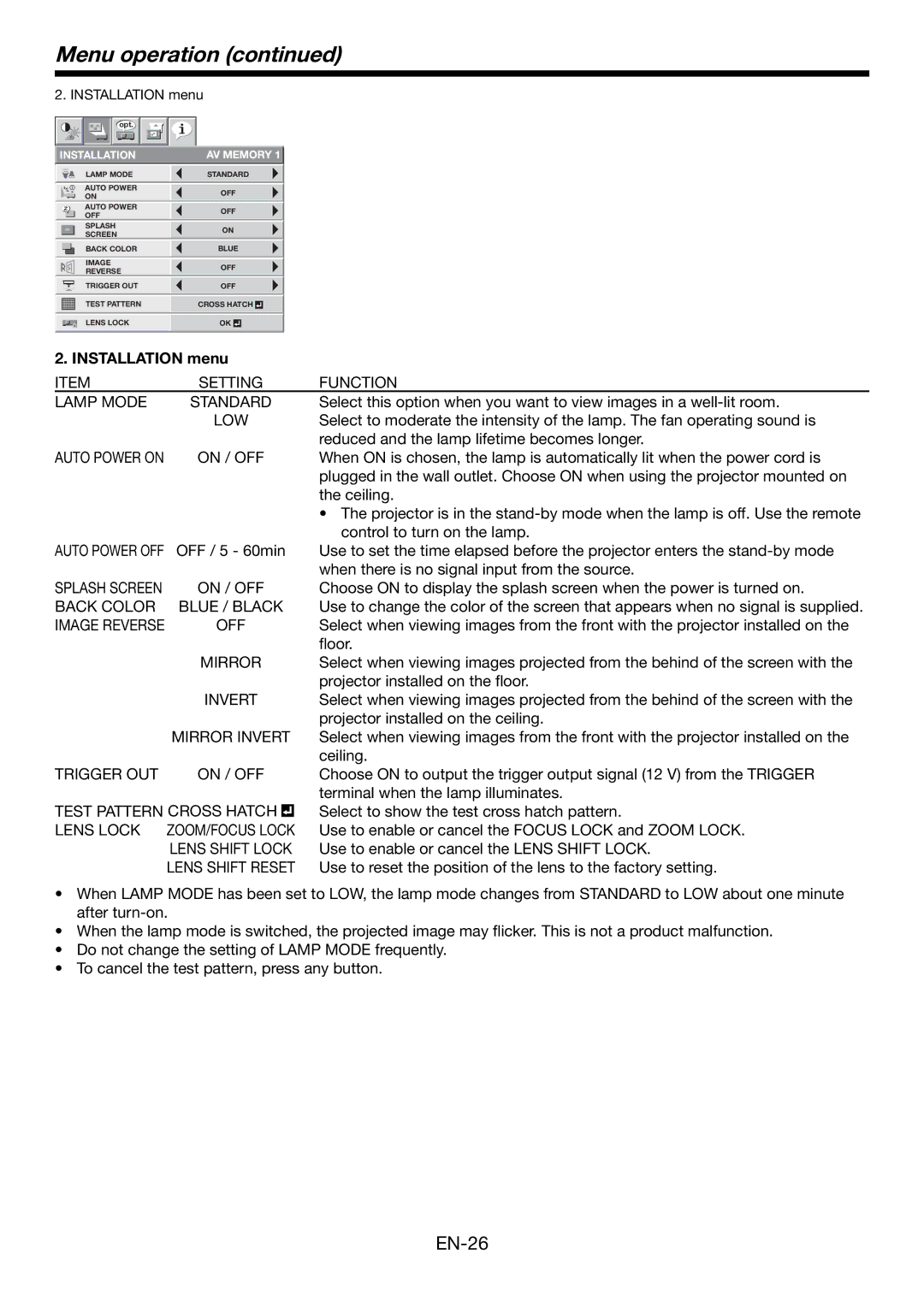 Mitsubishi Electronics HC4900 user manual Installation menu 