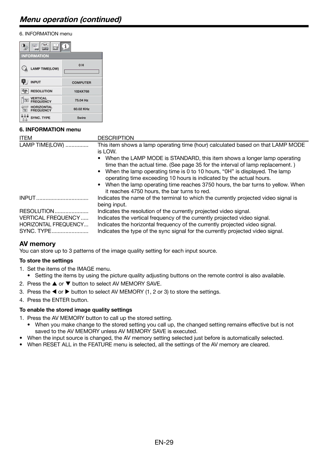 Mitsubishi Electronics HC4900 user manual AV memory, Information menu, To store the settings 