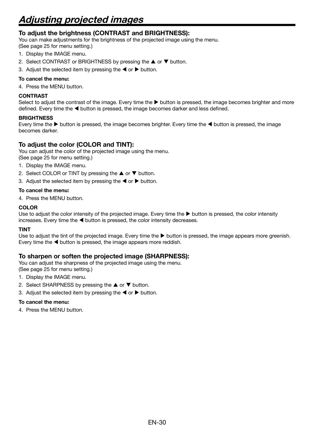 Mitsubishi Electronics HC4900 user manual Adjusting projected images, To adjust the brightness Contrast and Brightness 