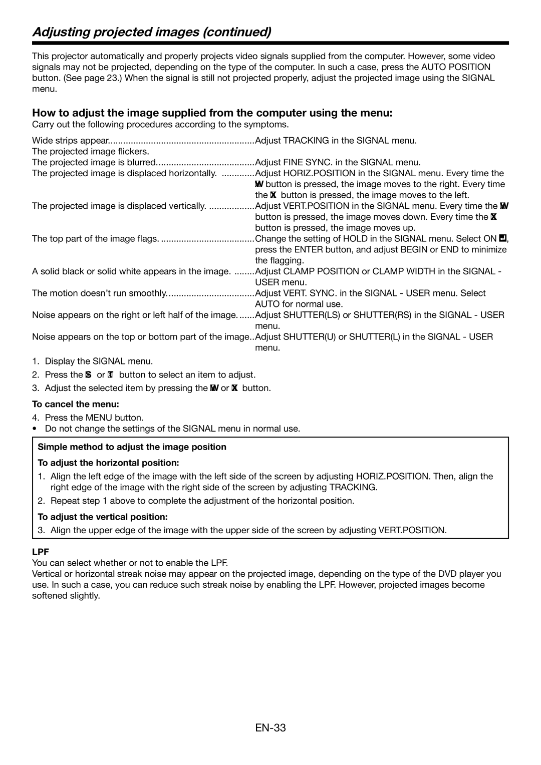 Mitsubishi Electronics HC4900 user manual To adjust the vertical position, Lpf 