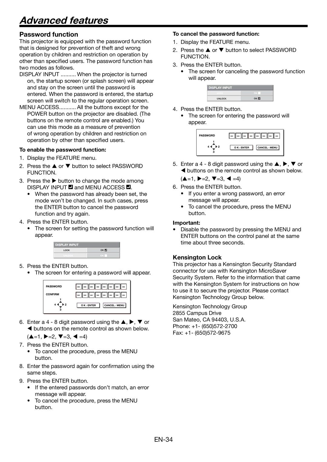 Mitsubishi Electronics HC4900 user manual Advanced features, Password function, To enable the password function 