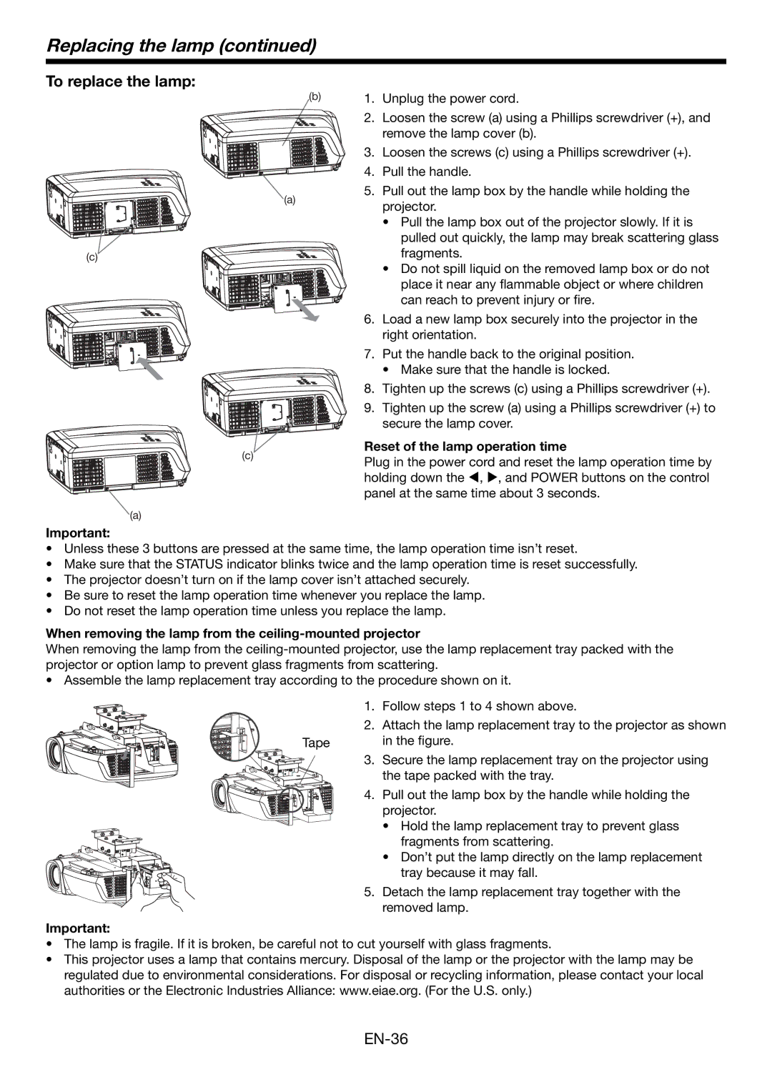 Mitsubishi Electronics HC4900 user manual Replacing the lamp, To replace the lamp, Reset of the lamp operation time 